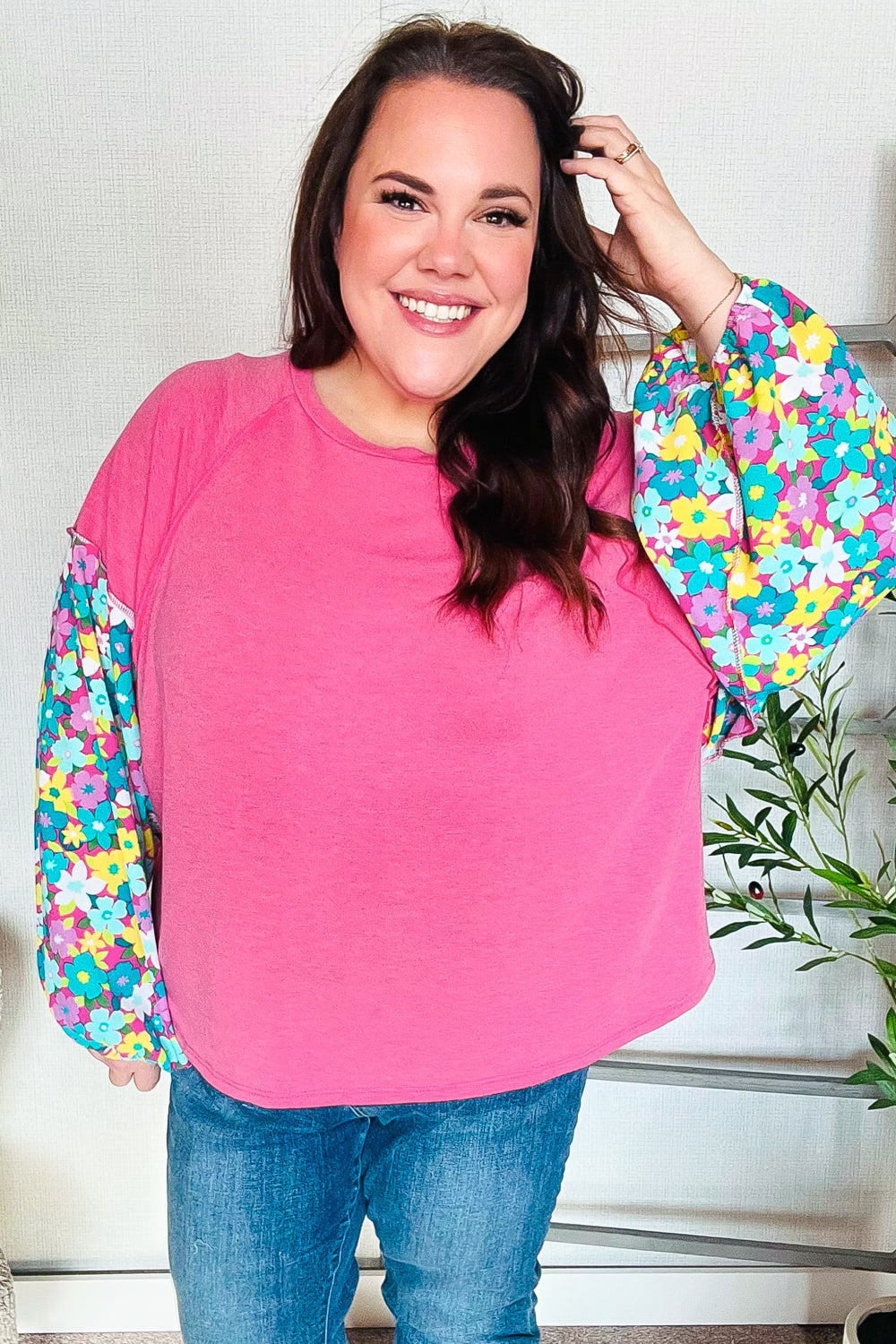 Lock Eyes Pink & Floral Bubble Sleeve French Terry Pullover-Haptics-[option4]-[option5]-[option6]-[option7]-[option8]-Shop-Boutique-Clothing-for-Women-Online