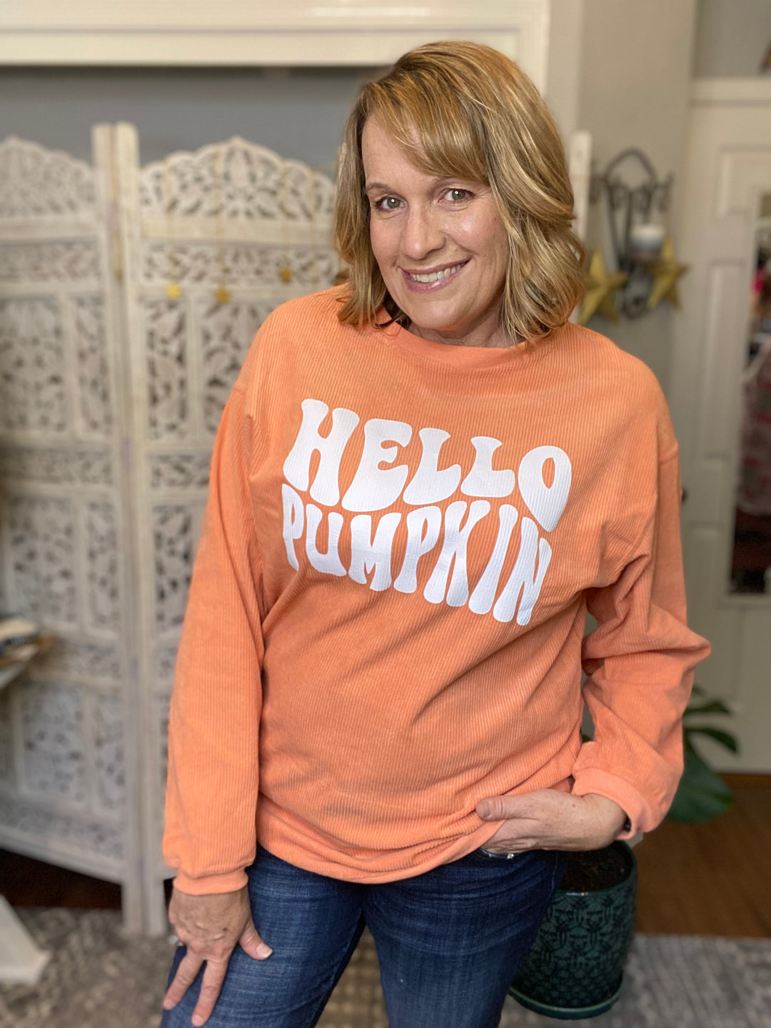 Round Neck Dropped Shoulder HELLO PUMPKIN Ribbed Graphic Sweatshirt-Trendsi-[option4]-[option5]-[option6]-[option7]-[option8]-Shop-Boutique-Clothing-for-Women-Online