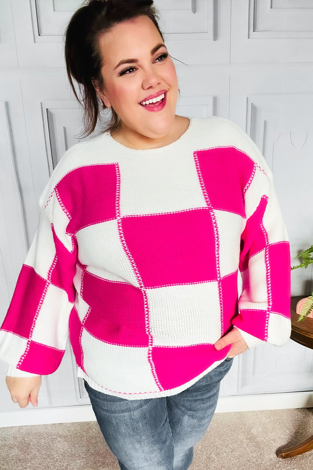 Tried & True Fuchsia Checkered Oversized Knit Sweater-Haptics-[option4]-[option5]-[option6]-[option7]-[option8]-Shop-Boutique-Clothing-for-Women-Online