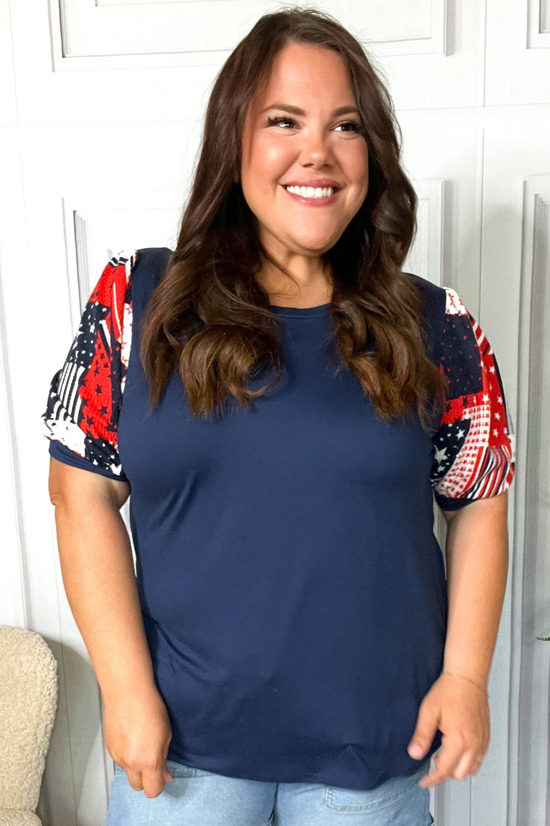 Holiday Stand-Out Navy Patriotic Patchwork Puff Sleeve Top