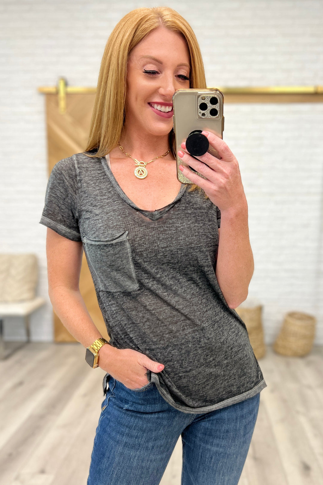 Melange Burnout V-Neck T-Shirt in Ash Black-Tops-Ave Shops-[option4]-[option5]-[option6]-[option7]-[option8]-Shop-Boutique-Clothing-for-Women-Online