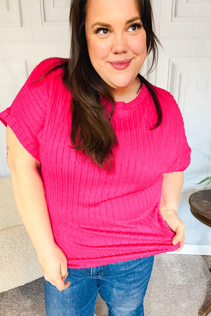 Be Your Best Fuchsia Cable Knit Dolman Short Sleeve Sweater Top-Haptics-[option4]-[option5]-[option6]-[option7]-[option8]-Shop-Boutique-Clothing-for-Women-Online