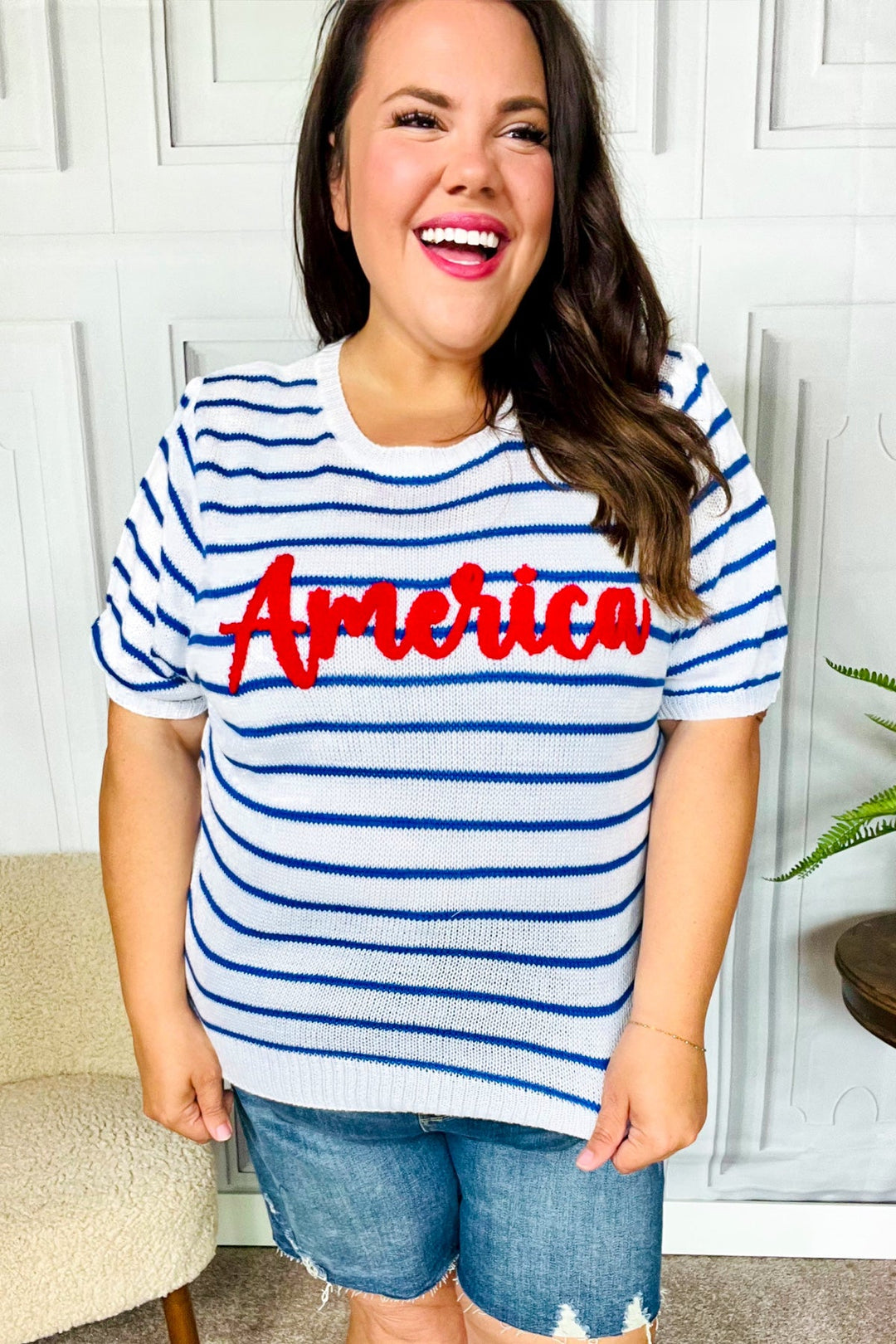 America Proud Blue Striped Embroidered Puff Sleeve Top-Haptics-[option4]-[option5]-[option6]-[option7]-[option8]-Shop-Boutique-Clothing-for-Women-Online