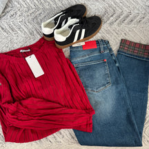 Judy Blue Plaid Print Cuff Boyfriend Fit Jeans-Trendsi-[option4]-[option5]-[option6]-[option7]-[option8]-Shop-Boutique-Clothing-for-Women-Online