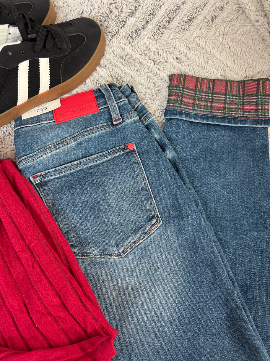 Judy Blue Plaid Print Cuff Boyfriend Fit Jeans-Trendsi-[option4]-[option5]-[option6]-[option7]-[option8]-Shop-Boutique-Clothing-for-Women-Online