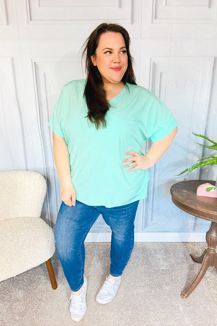 Weekend Ready Mint Drop Shoulder V Neck Woven Top-Haptics-[option4]-[option5]-[option6]-[option7]-[option8]-Shop-Boutique-Clothing-for-Women-Online