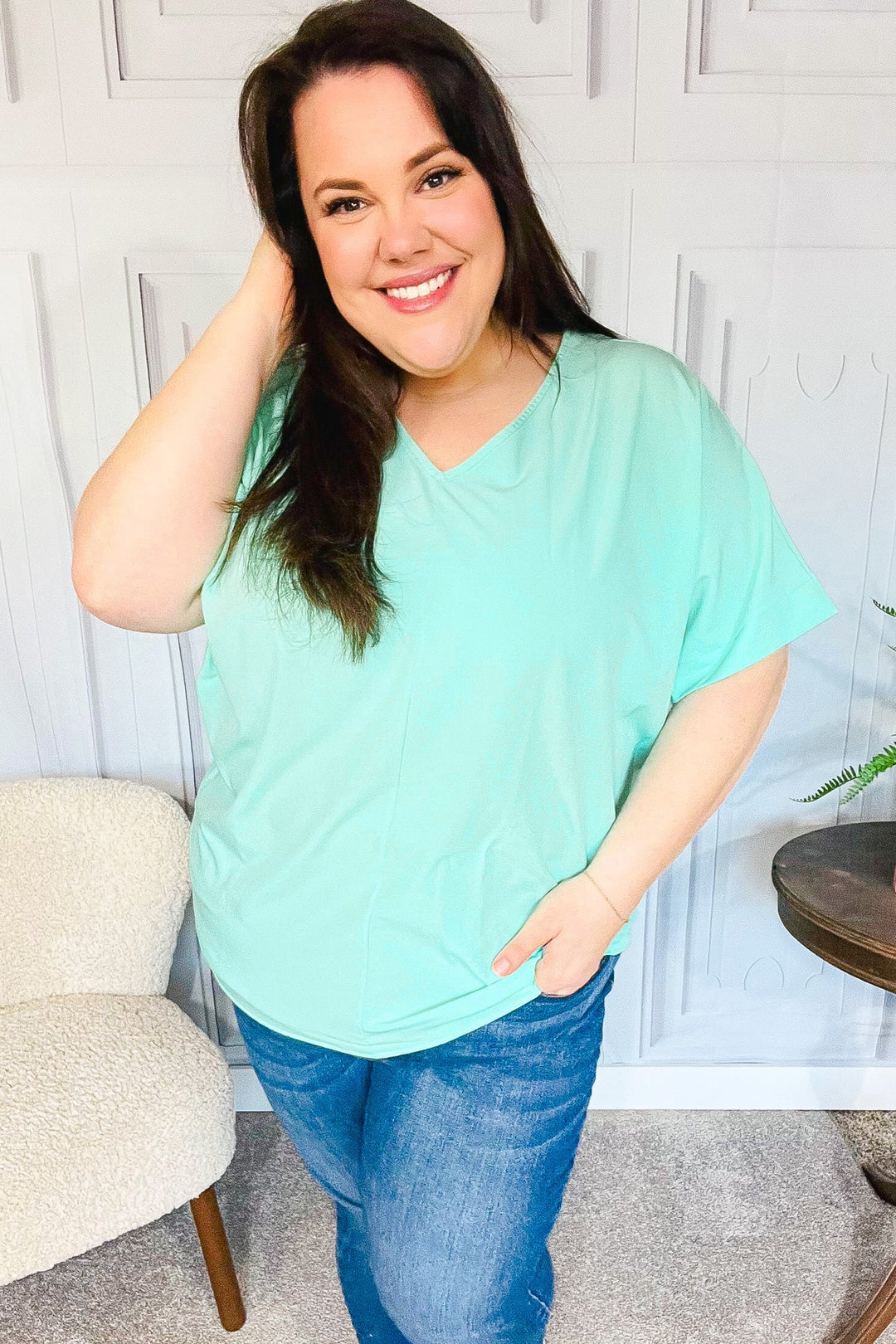 Weekend Ready Mint Drop Shoulder V Neck Woven Top-Haptics-[option4]-[option5]-[option6]-[option7]-[option8]-Shop-Boutique-Clothing-for-Women-Online