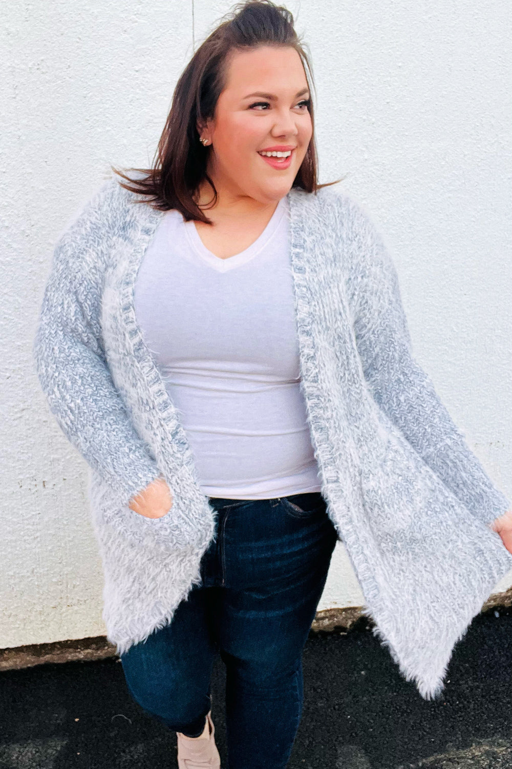 Leading Lady Slate Blue Two Tone Fuzzy Soft Brushed Cardigan-Haptics-[option4]-[option5]-[option6]-[option7]-[option8]-Shop-Boutique-Clothing-for-Women-Online