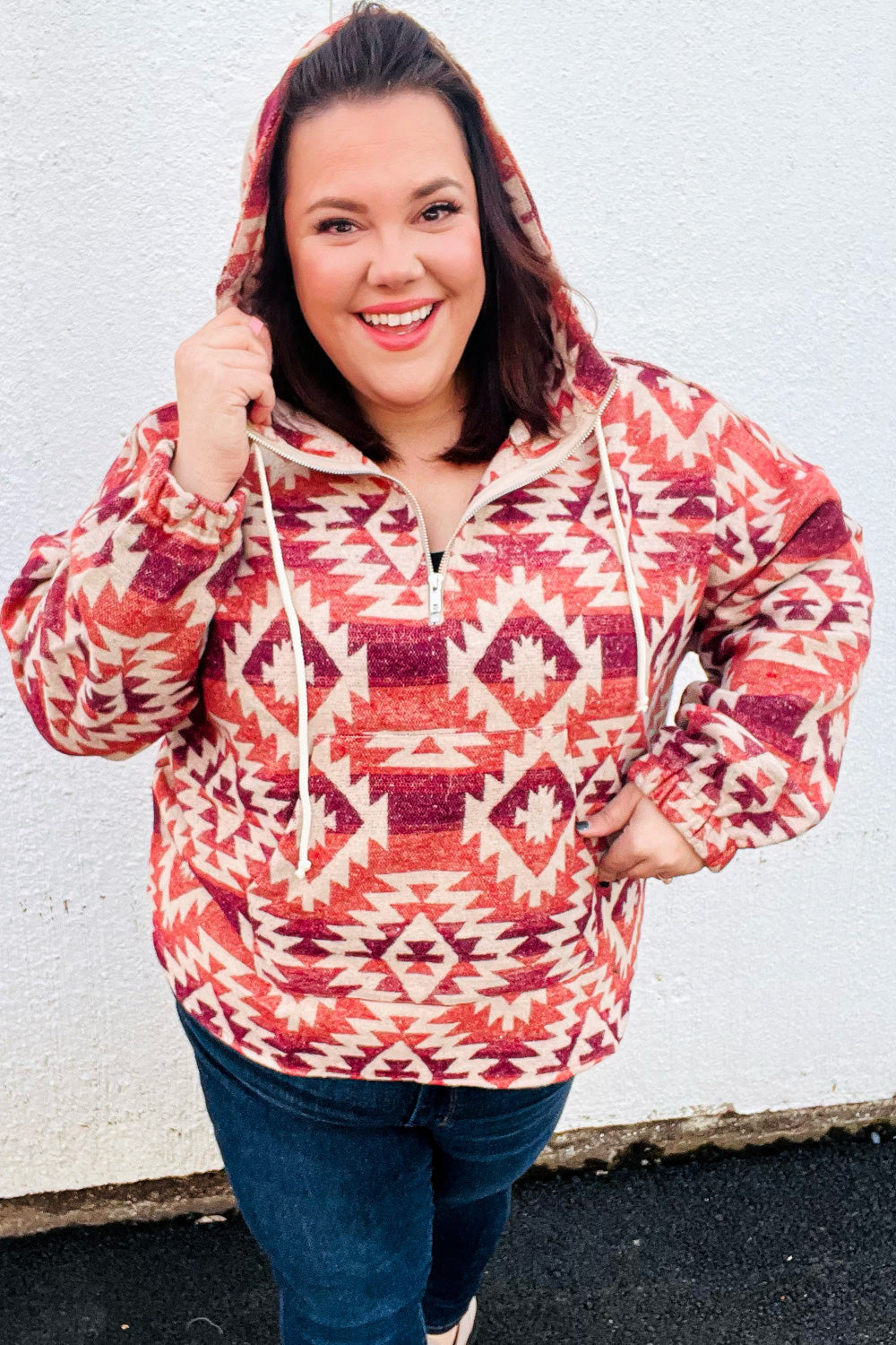 Fall For You Rust & Burgundy Aztec Half Zip High Neck Hoodie-Haptics-[option4]-[option5]-[option6]-[option7]-[option8]-Shop-Boutique-Clothing-for-Women-Online