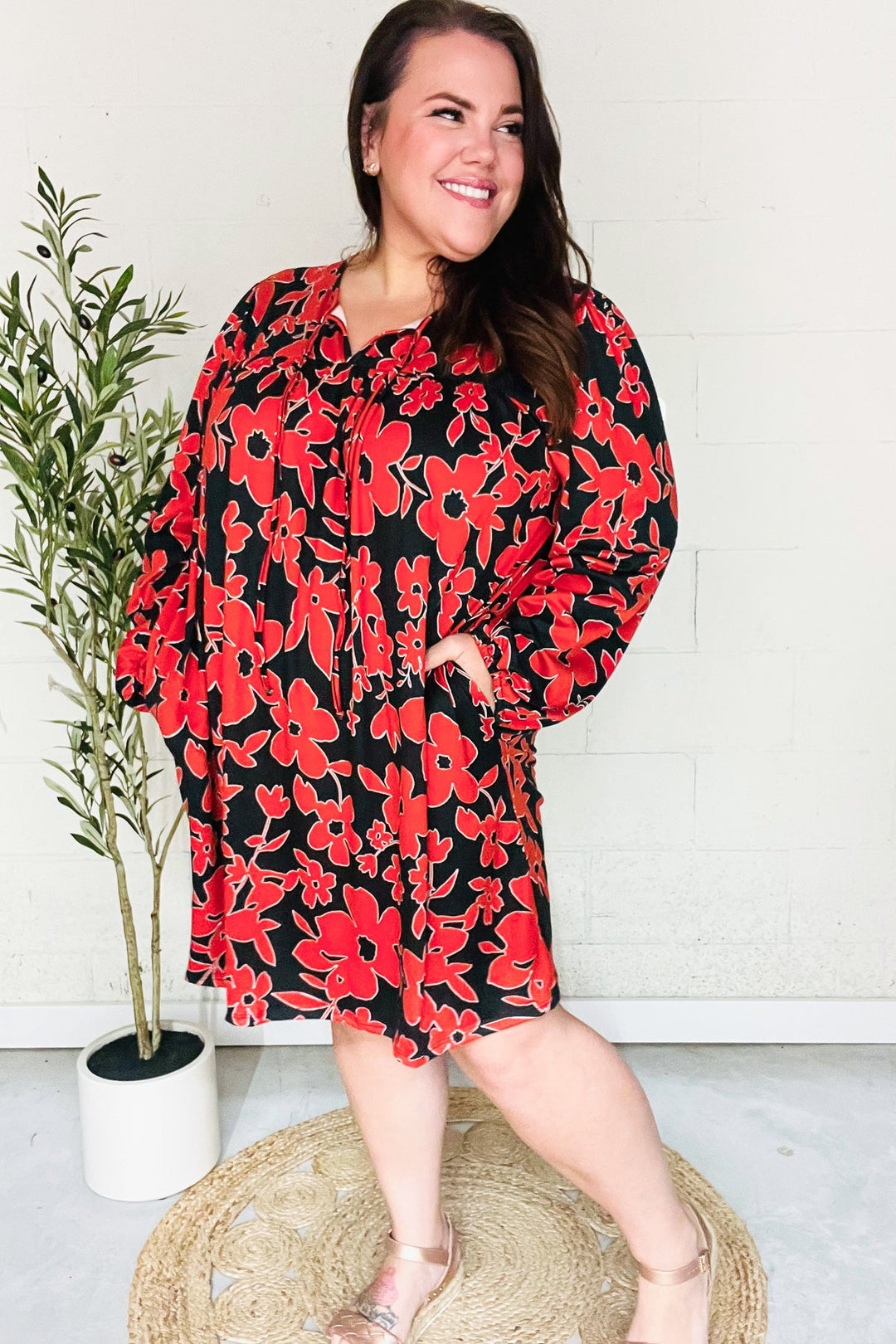 Boldly You Rust & Black Floral Print Front Tie Dress-Haptics-[option4]-[option5]-[option6]-[option7]-[option8]-Shop-Boutique-Clothing-for-Women-Online