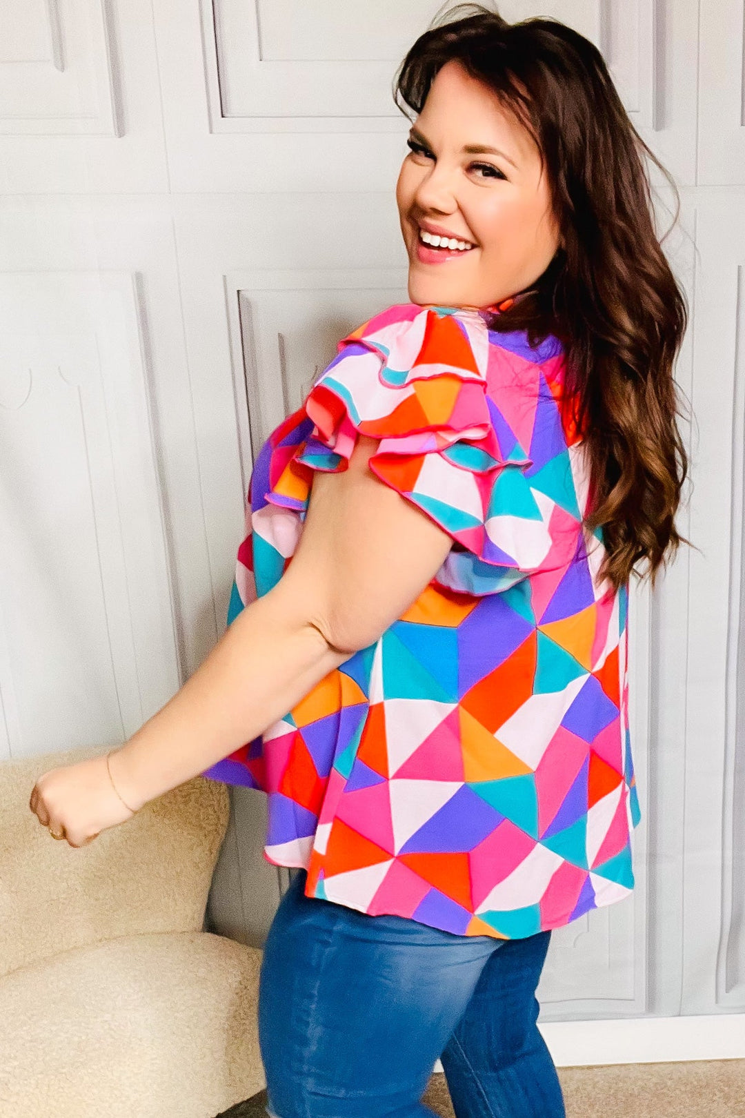 Feeling Bold Multicolor Geo Print Mock Neck Flutter Sleeve Top-Haptics-[option4]-[option5]-[option6]-[option7]-[option8]-Shop-Boutique-Clothing-for-Women-Online