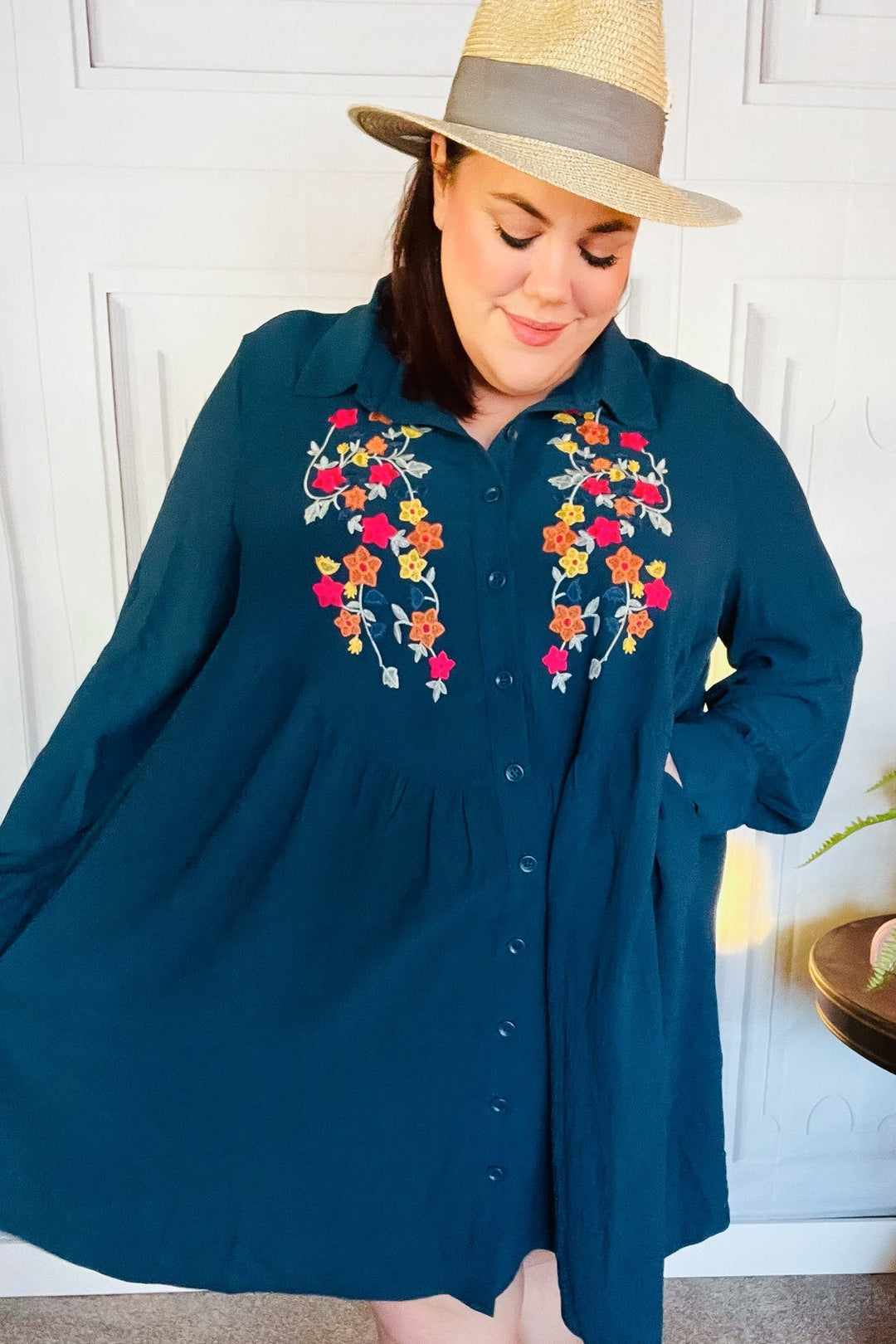 Just Imagine Navy Floral Embroidered Button Down Long Sleeve Dress-Haptics-[option4]-[option5]-[option6]-[option7]-[option8]-Shop-Boutique-Clothing-for-Women-Online