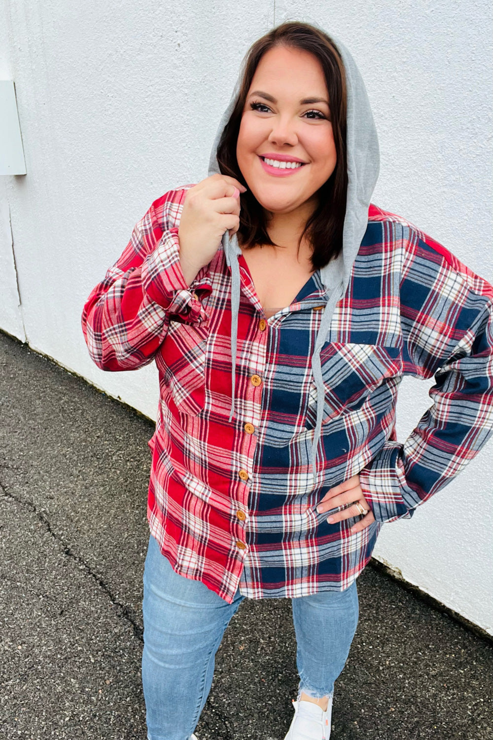 Haptics Face the Day Red/Navy Plaid Color Block Hoodie Shacket-Haptics-[option4]-[option5]-[option6]-[option7]-[option8]-Shop-Boutique-Clothing-for-Women-Online