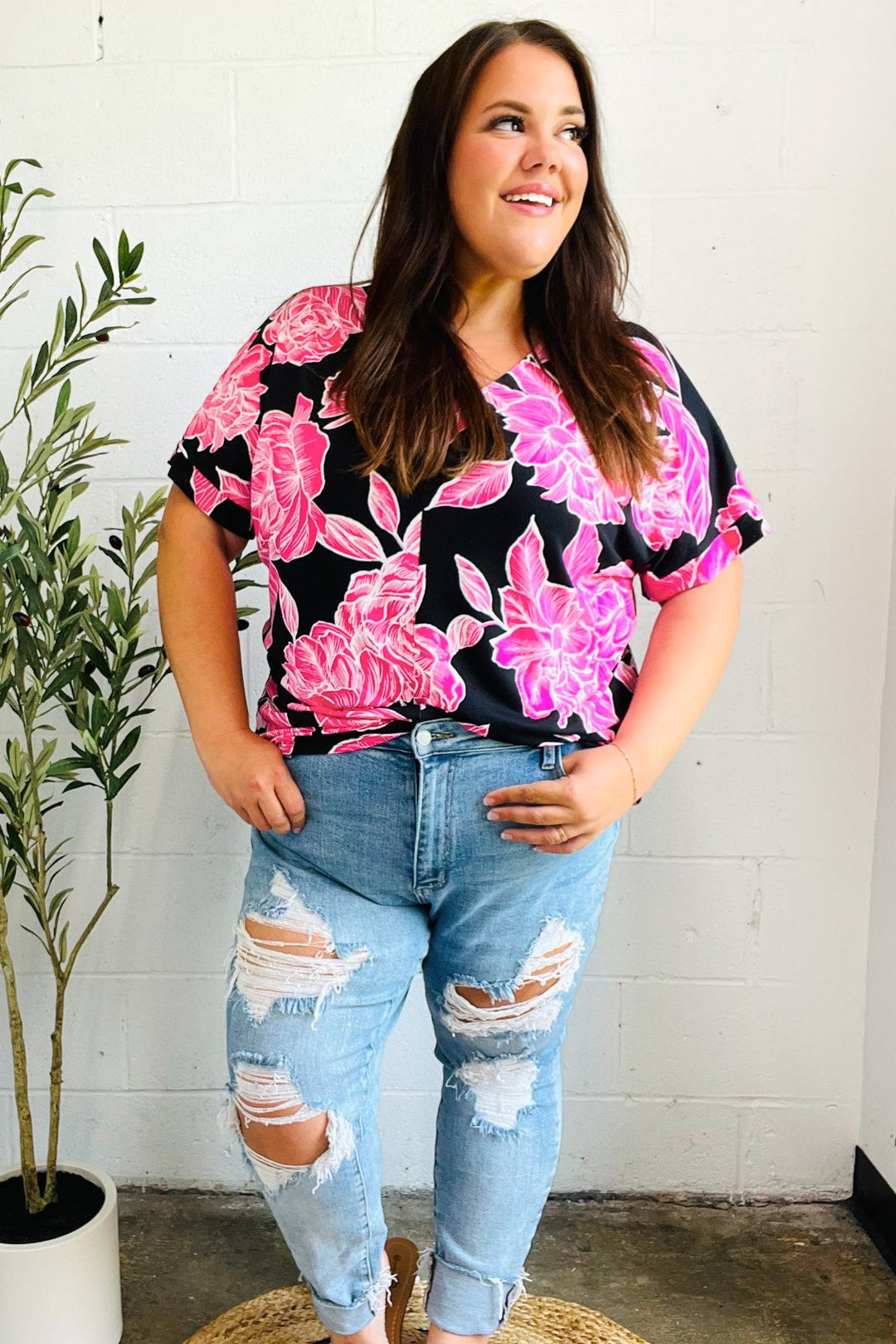 Tropical Vibes Black & Hot Pink Floral V Neck Top-Haptics-[option4]-[option5]-[option6]-[option7]-[option8]-Shop-Boutique-Clothing-for-Women-Online