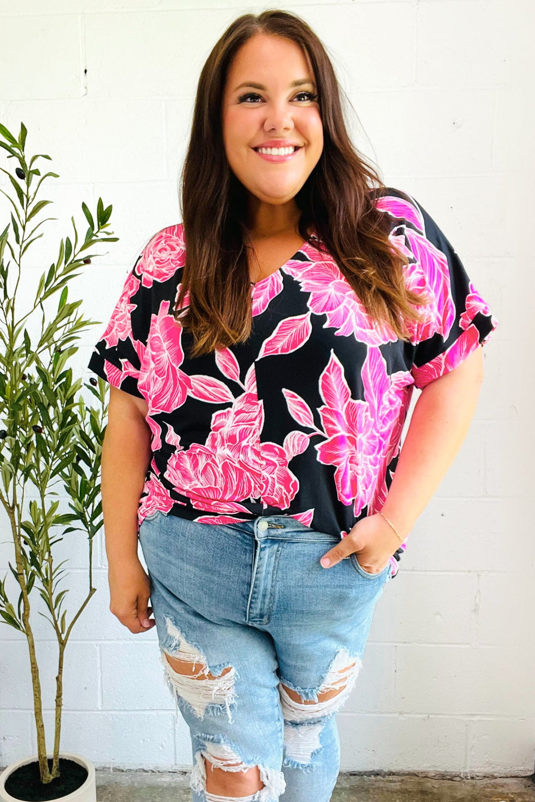 Tropical Vibes Black & Hot Pink Floral V Neck Top-Haptics-[option4]-[option5]-[option6]-[option7]-[option8]-Shop-Boutique-Clothing-for-Women-Online