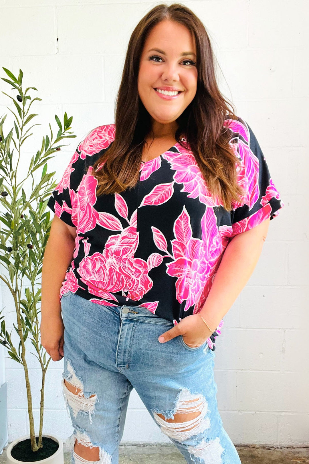 Tropical Vibes Black & Hot Pink Floral V Neck Top-Haptics-[option4]-[option5]-[option6]-[option7]-[option8]-Shop-Boutique-Clothing-for-Women-Online