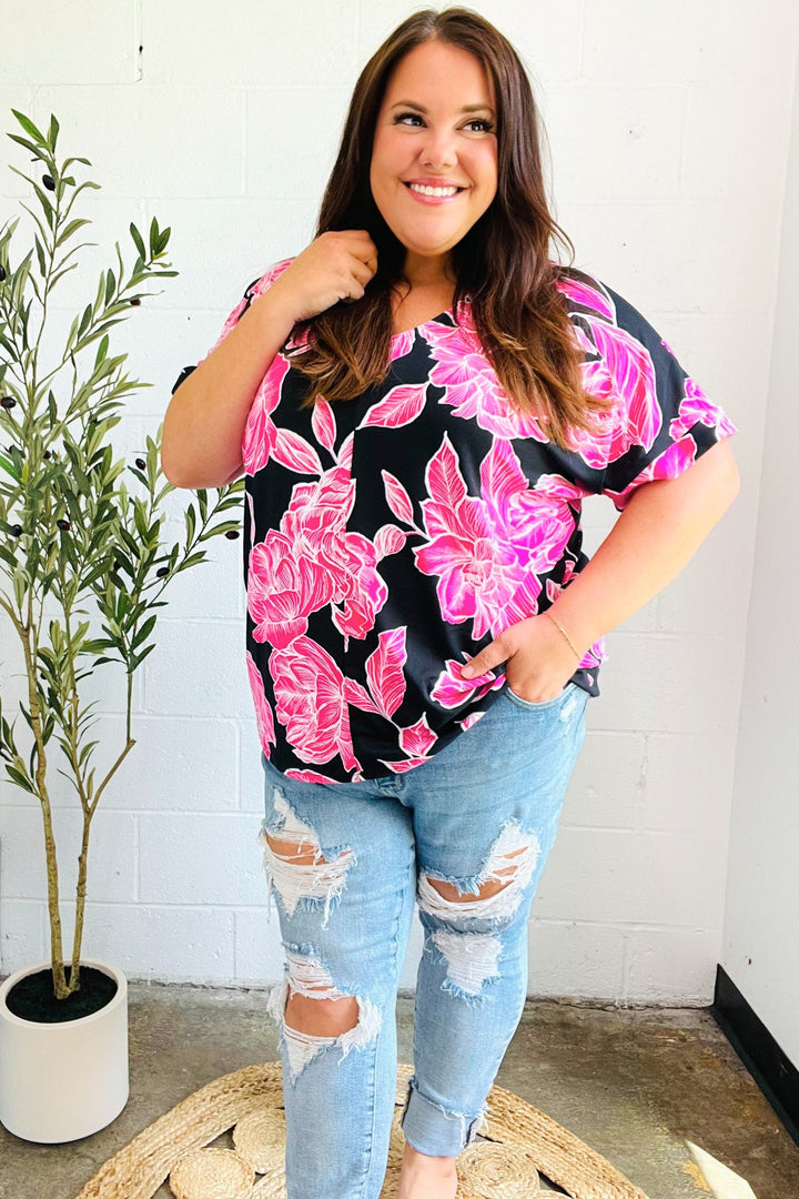 Tropical Vibes Black & Hot Pink Floral V Neck Top-Haptics-[option4]-[option5]-[option6]-[option7]-[option8]-Shop-Boutique-Clothing-for-Women-Online