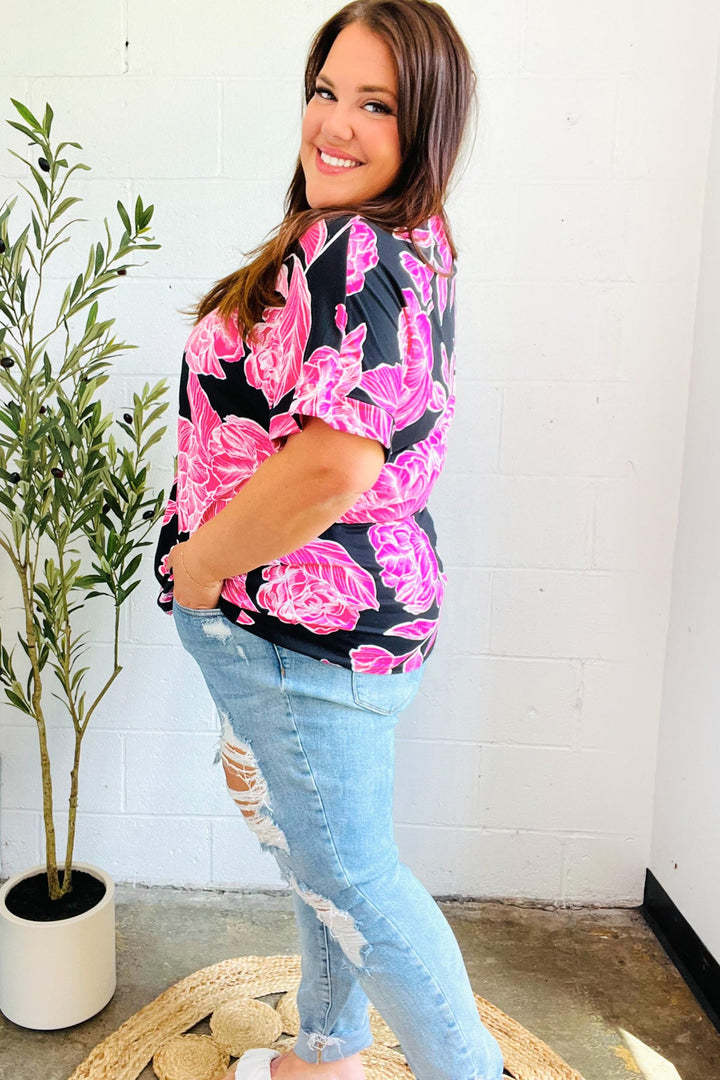 Tropical Vibes Black & Hot Pink Floral V Neck Top-Haptics-[option4]-[option5]-[option6]-[option7]-[option8]-Shop-Boutique-Clothing-for-Women-Online