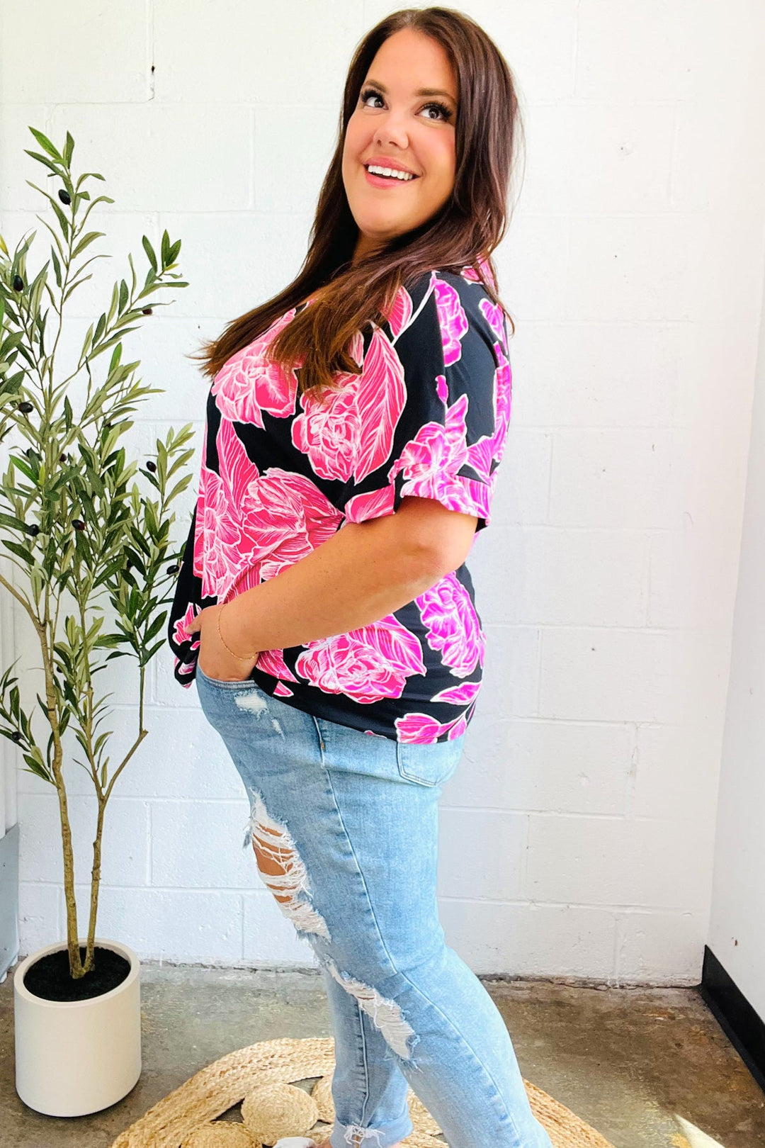 Tropical Vibes Black & Hot Pink Floral V Neck Top-Haptics-[option4]-[option5]-[option6]-[option7]-[option8]-Shop-Boutique-Clothing-for-Women-Online