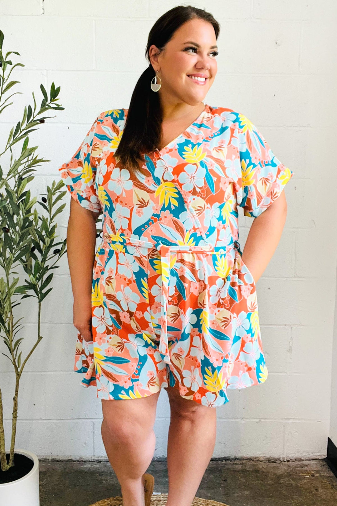 Tropical Trance Coral Tropical Floral Surplice Woven Romper-Haptics-[option4]-[option5]-[option6]-[option7]-[option8]-Shop-Boutique-Clothing-for-Women-Online