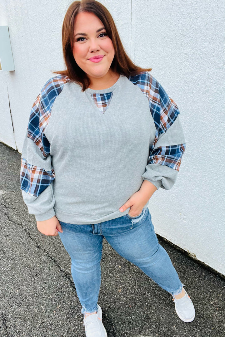 Haptics Face The Day Grey/Navy Plaid Thermal Raglan Pullover-Haptics-[option4]-[option5]-[option6]-[option7]-[option8]-Shop-Boutique-Clothing-for-Women-Online