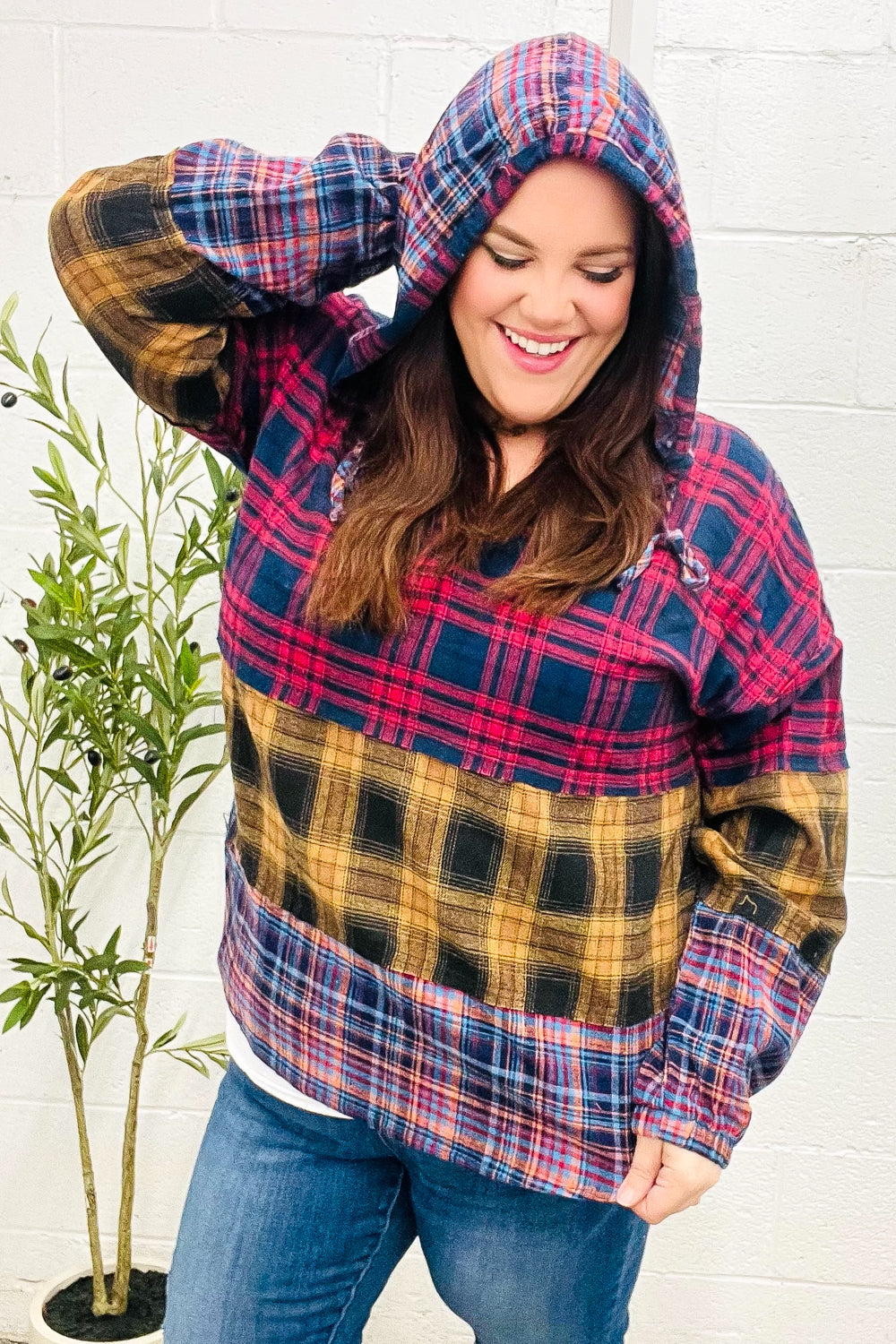 Holiday Ready Red & Mustard Plaid Notched Neck Flannel Hoodie-Haptics-[option4]-[option5]-[option6]-[option7]-[option8]-Shop-Boutique-Clothing-for-Women-Online