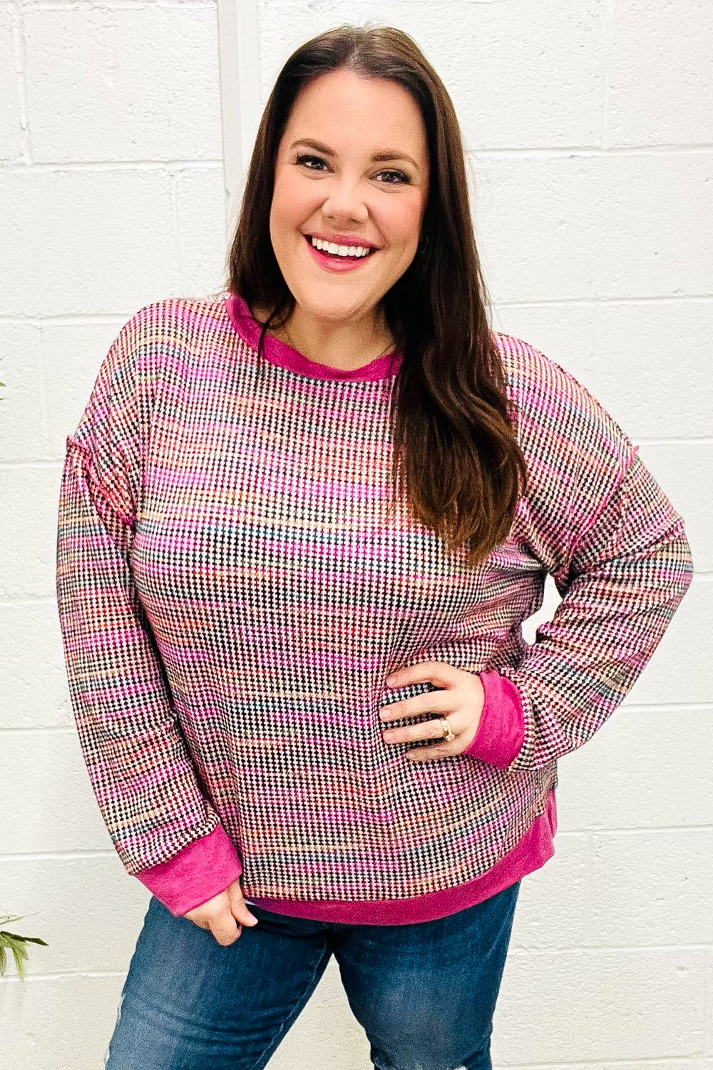 Bring Joy Magenta Multicolor Textured Waffle Knit Sweater-Haptics-[option4]-[option5]-[option6]-[option7]-[option8]-Shop-Boutique-Clothing-for-Women-Online