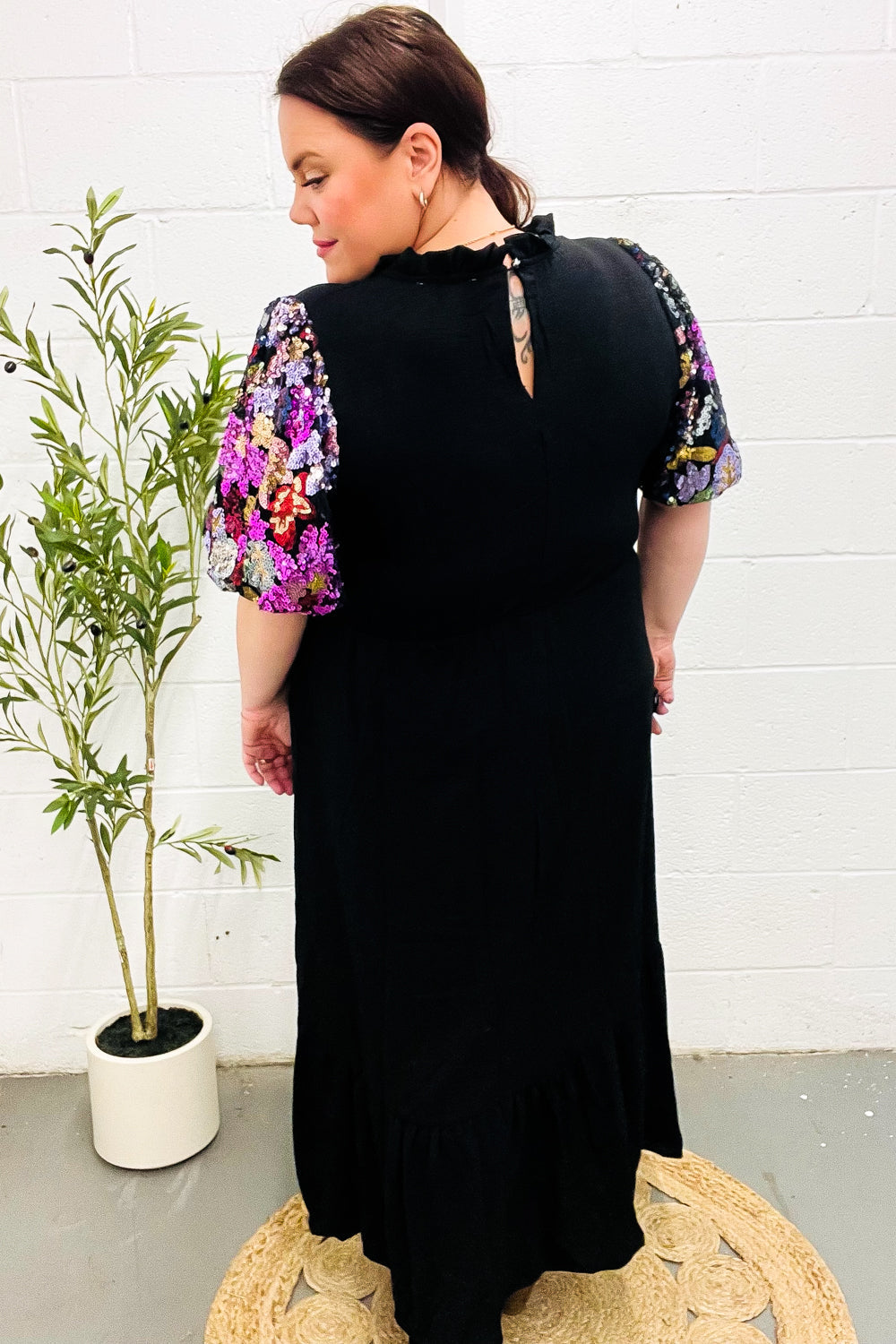 Black Floral Sequin Puff Sleeve Mock Neck Tiered Maxi Dress-Haptics-Small-[option4]-[option5]-[option6]-[option7]-[option8]-Shop-Boutique-Clothing-for-Women-Online