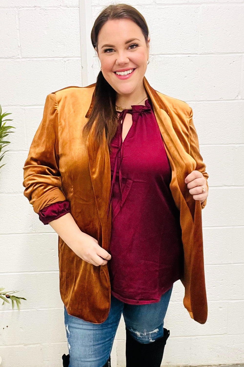 Holiday Stunner Rust Velvet Lapel Blazer-Haptics-[option4]-[option5]-[option6]-[option7]-[option8]-Shop-Boutique-Clothing-for-Women-Online