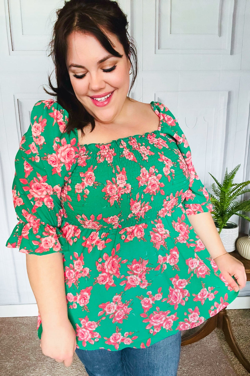 Sumptuous In Smocked Green & Coral Flower Print Babydoll Top-Haptics-[option4]-[option5]-[option6]-[option7]-[option8]-Shop-Boutique-Clothing-for-Women-Online
