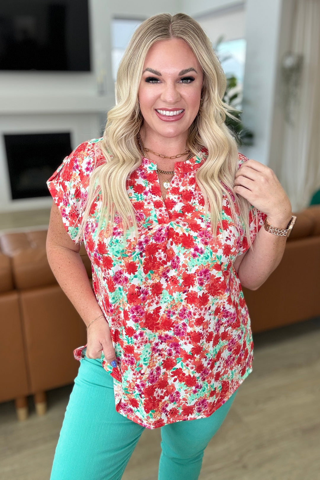 Lizzy Cap Sleeve Top in Ivory and Coral Floral-Tops-Ave Shops-[option4]-[option5]-[option6]-[option7]-[option8]-Shop-Boutique-Clothing-for-Women-Online