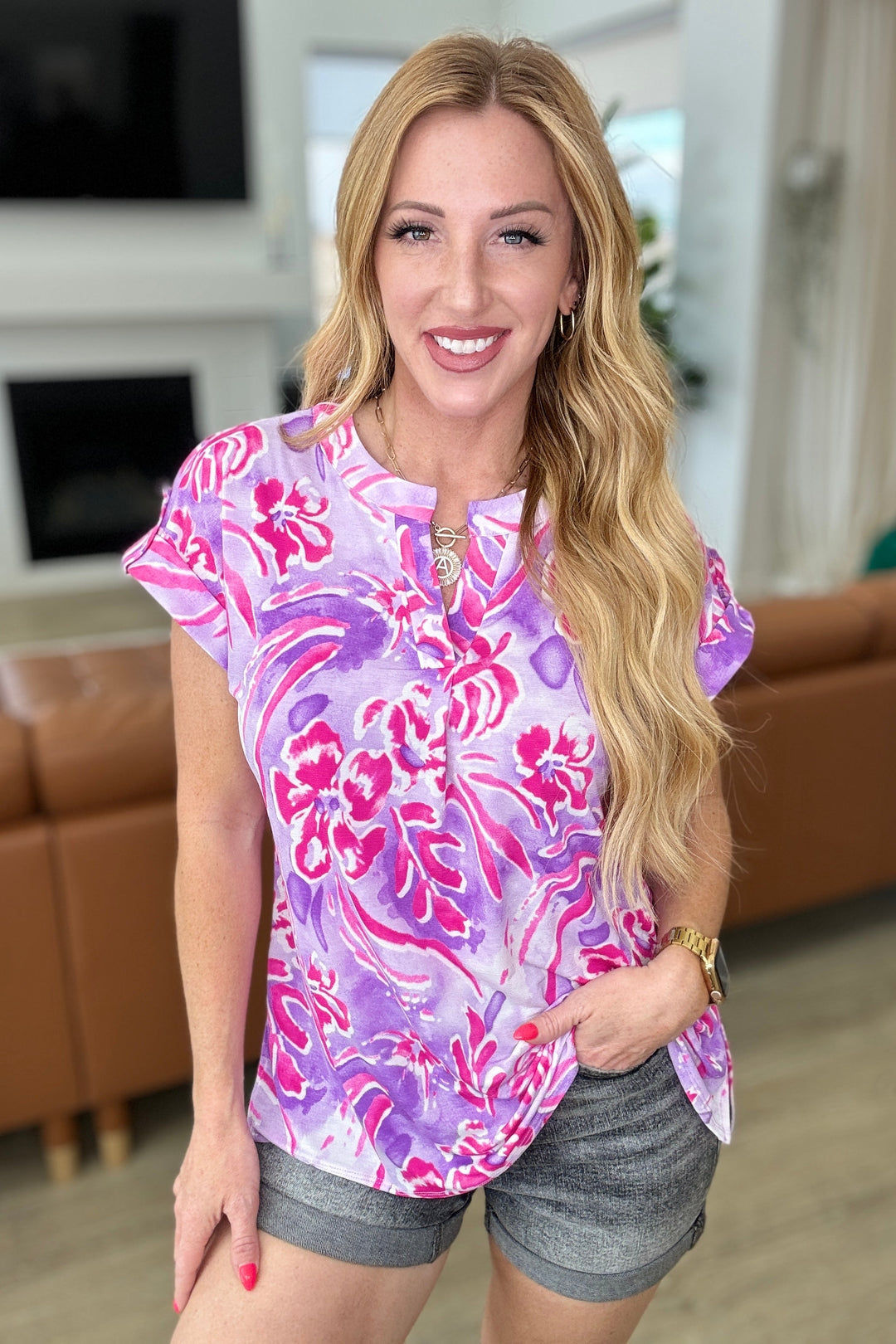 Lizzy Cap Sleeve Top in Purple and Hot Pink Watercolor-Tops-Ave Shops-[option4]-[option5]-[option6]-[option7]-[option8]-Shop-Boutique-Clothing-for-Women-Online