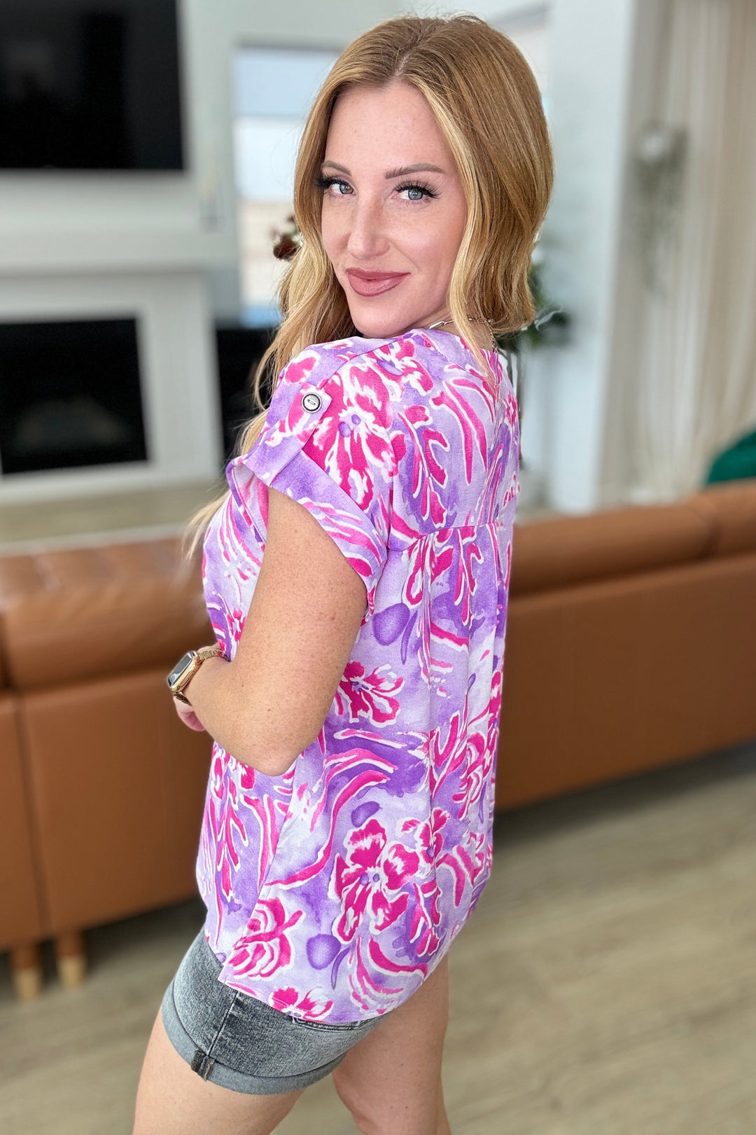 Lizzy Cap Sleeve Top in Purple and Hot Pink Watercolor-Tops-Ave Shops-[option4]-[option5]-[option6]-[option7]-[option8]-Shop-Boutique-Clothing-for-Women-Online