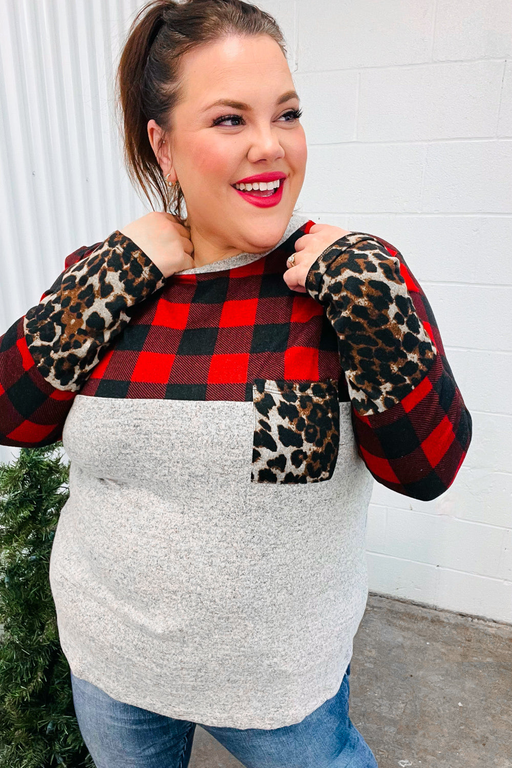 All Of Me Grey & Red Plaid Animal Print Pocketed Top-Haptics-[option4]-[option5]-[option6]-[option7]-[option8]-Shop-Boutique-Clothing-for-Women-Online