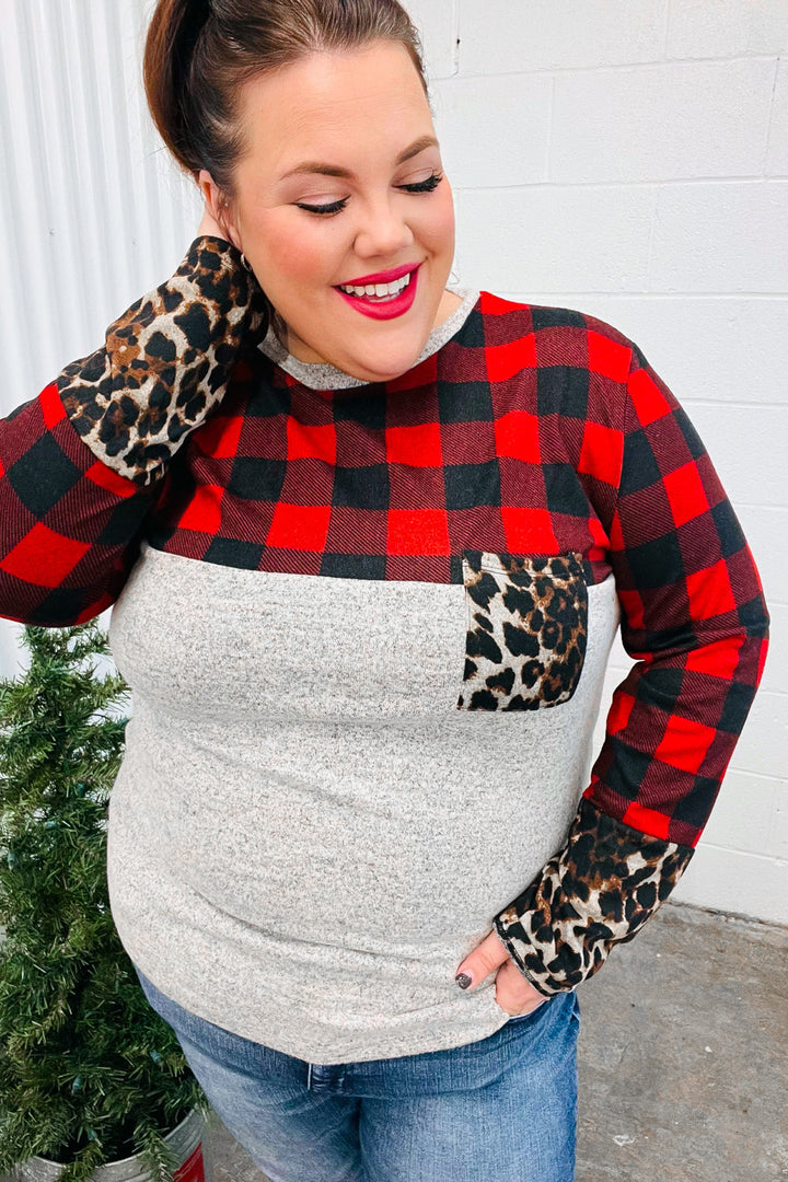 All Of Me Grey & Red Plaid Animal Print Pocketed Top-Haptics-[option4]-[option5]-[option6]-[option7]-[option8]-Shop-Boutique-Clothing-for-Women-Online