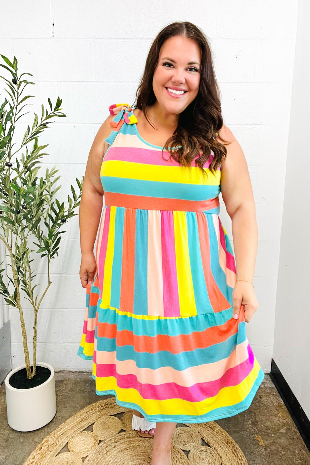 Start The Day Rainbow Stripe Shoulder Tie Tiered Dress-Haptics-[option4]-[option5]-[option6]-[option7]-[option8]-Shop-Boutique-Clothing-for-Women-Online