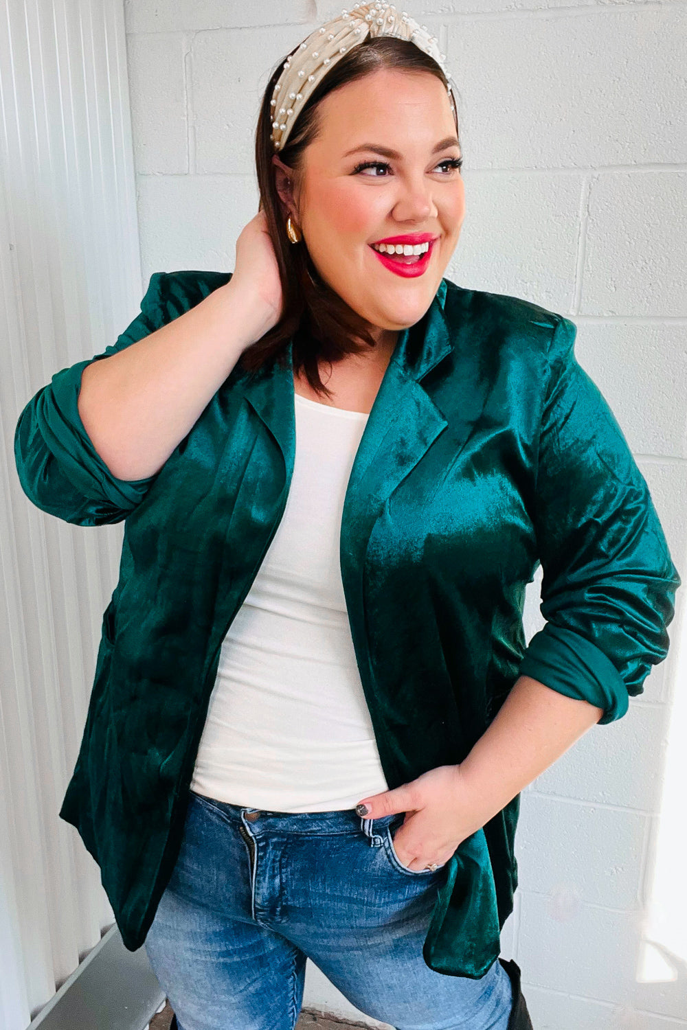 Dazzling Hunter Green Velvet Lapel Blazer-The Bee Chic Boutique-[option4]-[option5]-[option6]-[option7]-[option8]-Shop-Boutique-Clothing-for-Women-Online