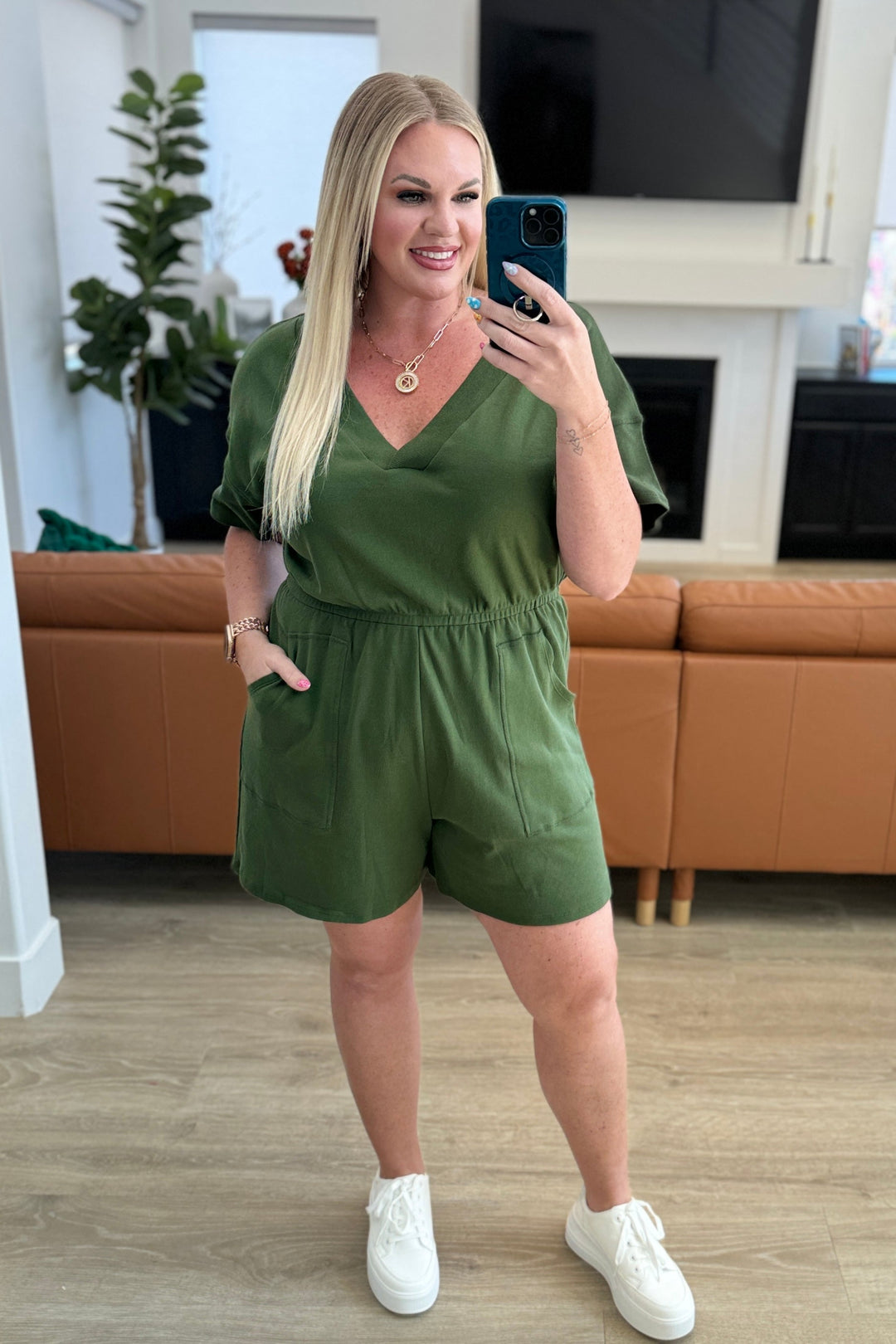 Short Sleeve V-Neck Romper in Army Green-Jumpsuits & Rompers-Ave Shops-[option4]-[option5]-[option6]-[option7]-[option8]-Shop-Boutique-Clothing-for-Women-Online