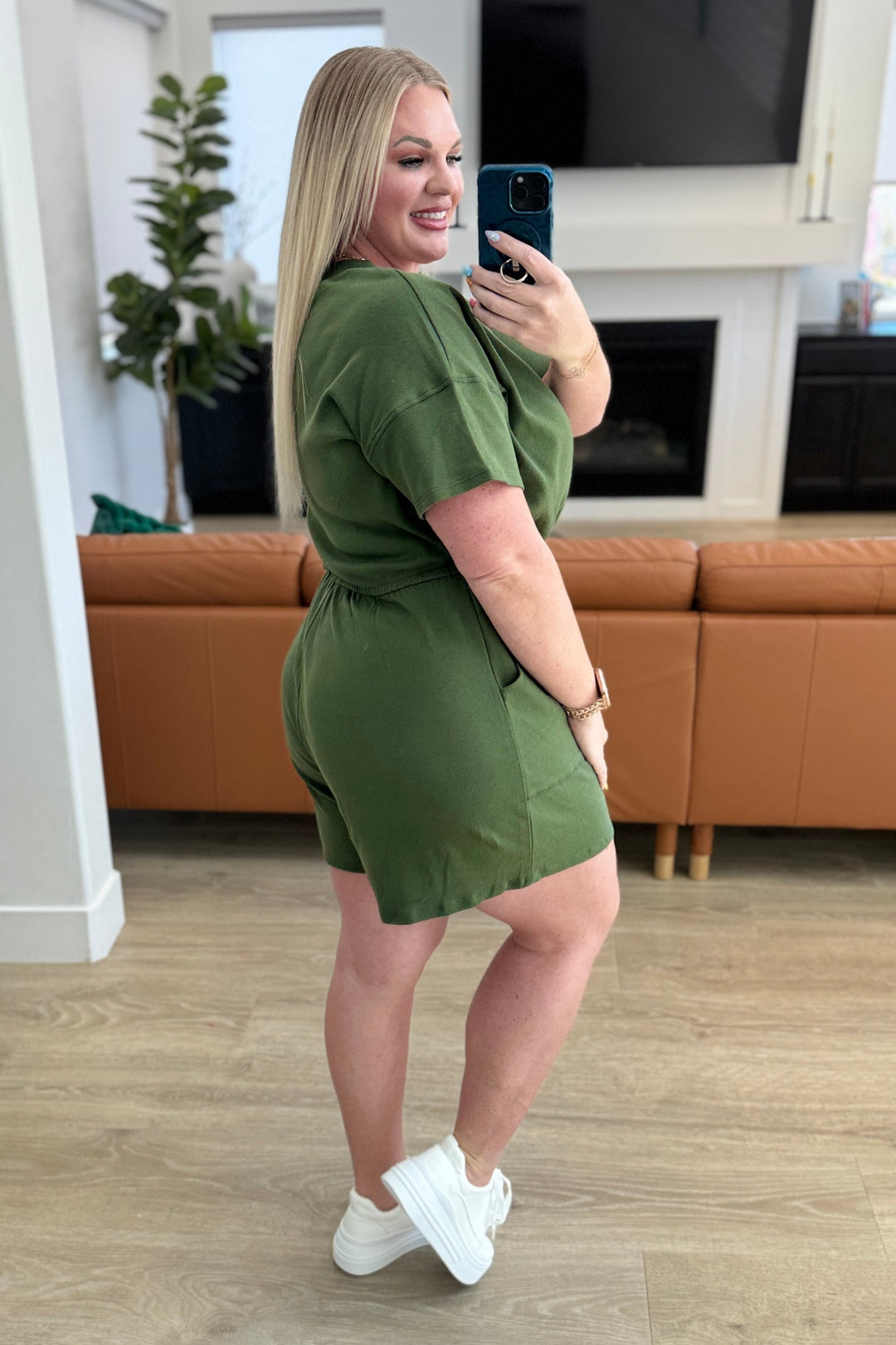 Short Sleeve V-Neck Romper in Army Green-Jumpsuits & Rompers-Ave Shops-[option4]-[option5]-[option6]-[option7]-[option8]-Shop-Boutique-Clothing-for-Women-Online