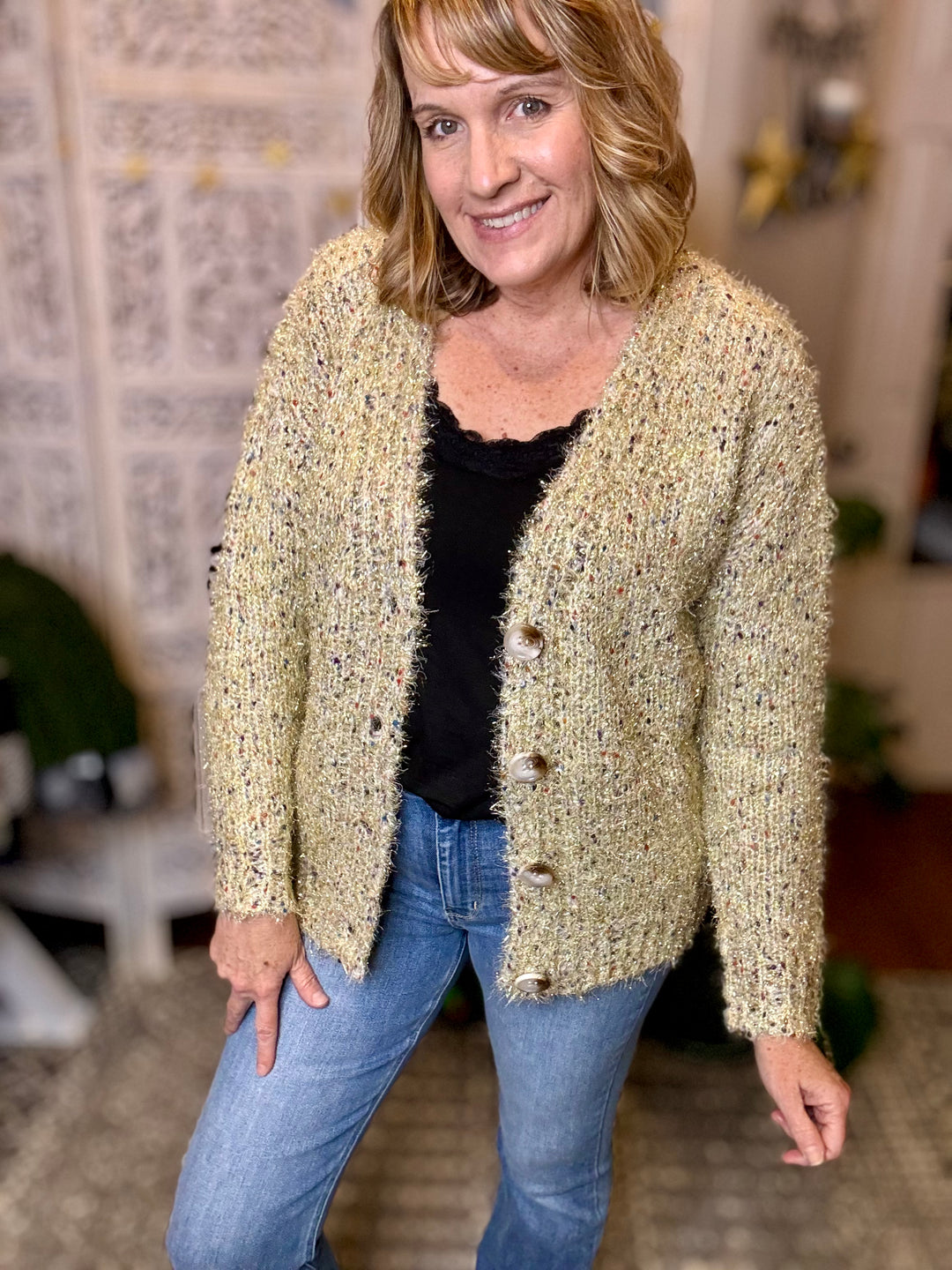 Kori Fuzzy Boucle Gold Shimmer Button Down Cardigan Sweater - Multi Color-The Bee Chic Boutique-[option4]-[option5]-[option6]-[option7]-[option8]-Shop-Boutique-Clothing-for-Women-Online