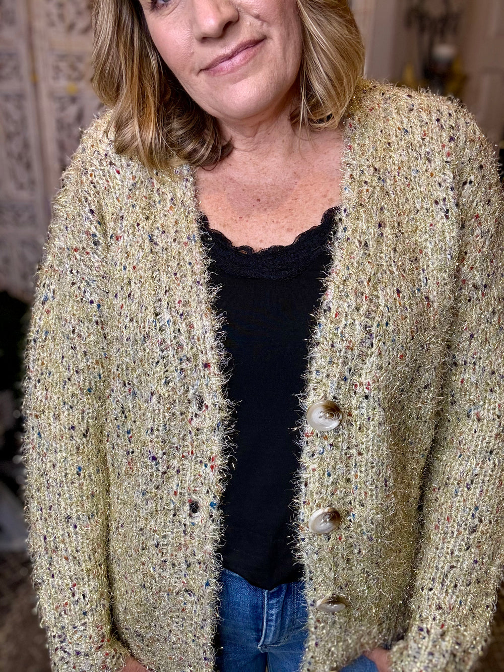 Kori Fuzzy Boucle Gold Shimmer Button Down Cardigan Sweater - Multi Color-The Bee Chic Boutique-[option4]-[option5]-[option6]-[option7]-[option8]-Shop-Boutique-Clothing-for-Women-Online
