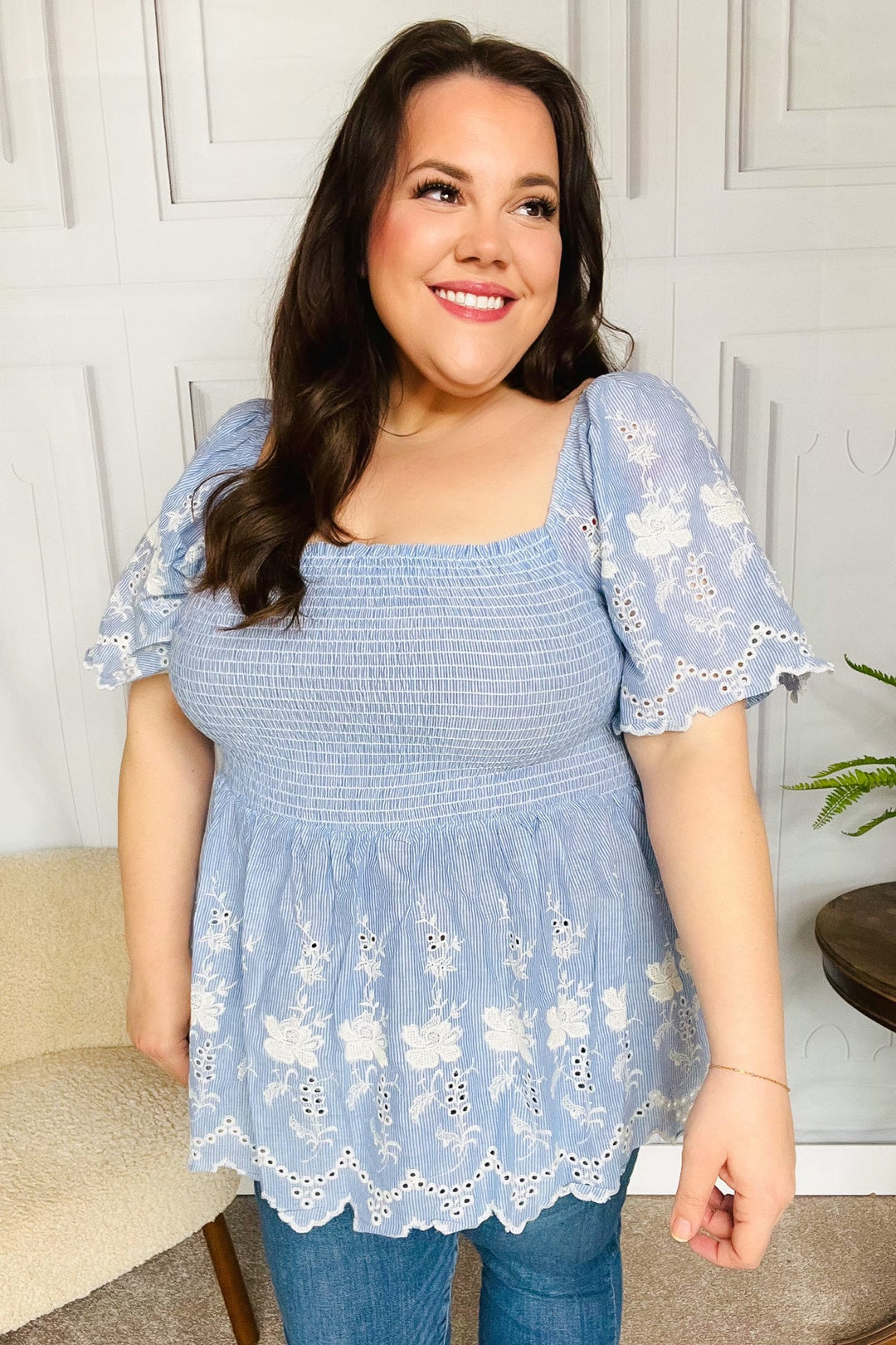 Just A Dream Blue Smocked Floral Embroidered Babydoll Top-Haptics-[option4]-[option5]-[option6]-[option7]-[option8]-Shop-Boutique-Clothing-for-Women-Online