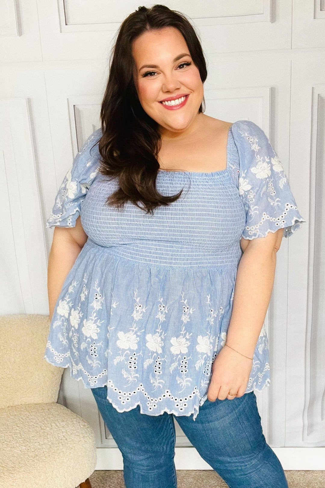 Just A Dream Blue Smocked Floral Embroidered Babydoll Top-Haptics-[option4]-[option5]-[option6]-[option7]-[option8]-Shop-Boutique-Clothing-for-Women-Online