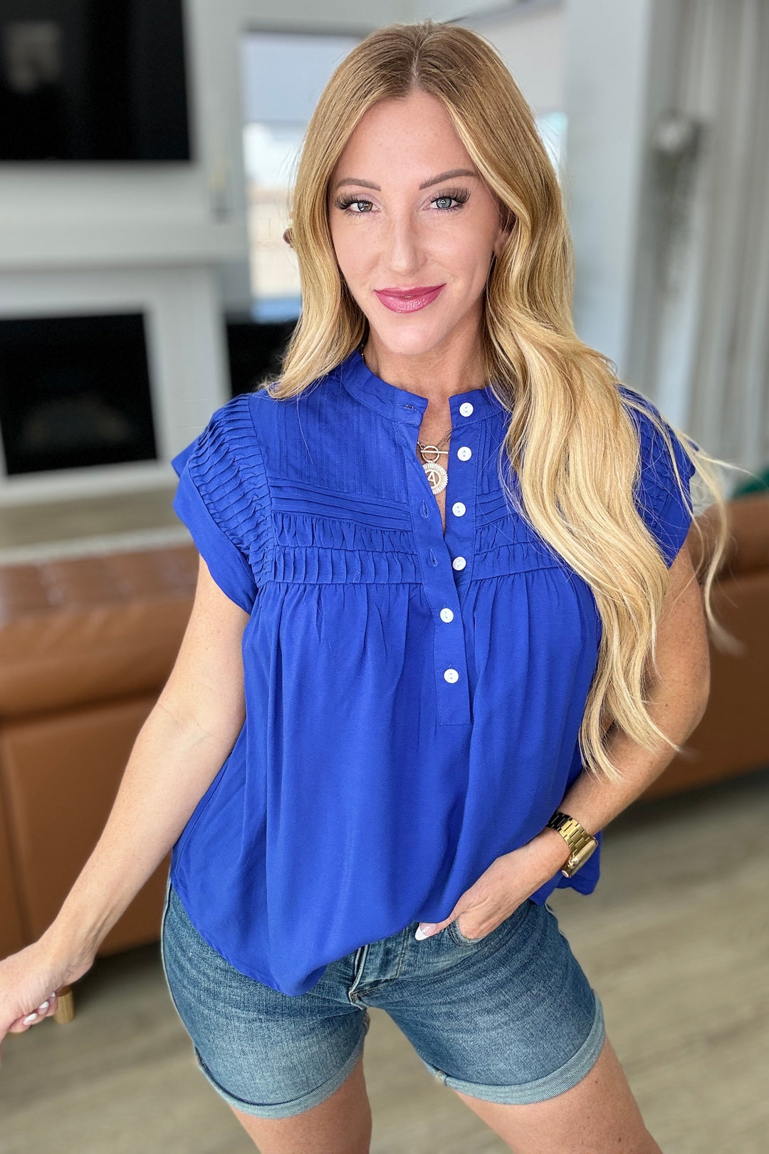 Pleat Detail Button Up Blouse in Royal Blue-Tops-Ave Shops-[option4]-[option5]-[option6]-[option7]-[option8]-Shop-Boutique-Clothing-for-Women-Online