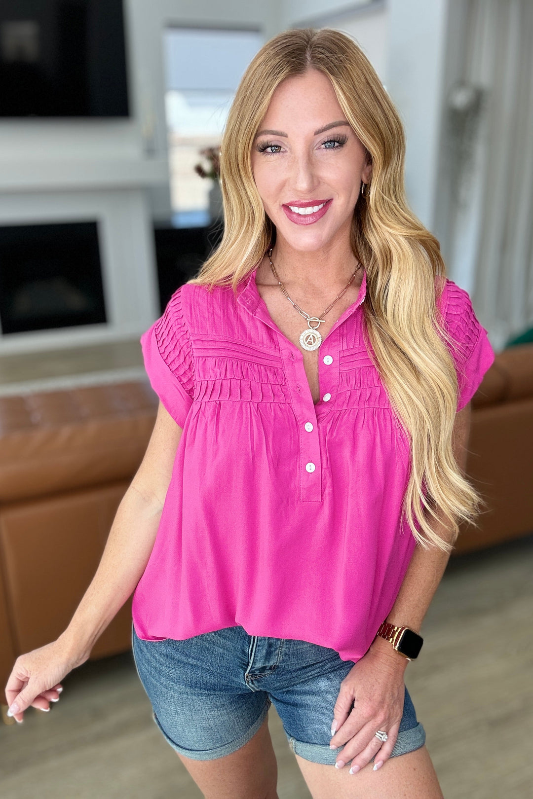Pleat Detail Button Up Blouse in Hot Pink-Tops-Ave Shops-[option4]-[option5]-[option6]-[option7]-[option8]-Shop-Boutique-Clothing-for-Women-Online
