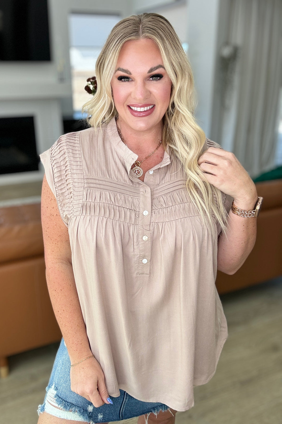 Pleat Detail Button Up Blouse in Taupe-Tops-Ave Shops-[option4]-[option5]-[option6]-[option7]-[option8]-Shop-Boutique-Clothing-for-Women-Online