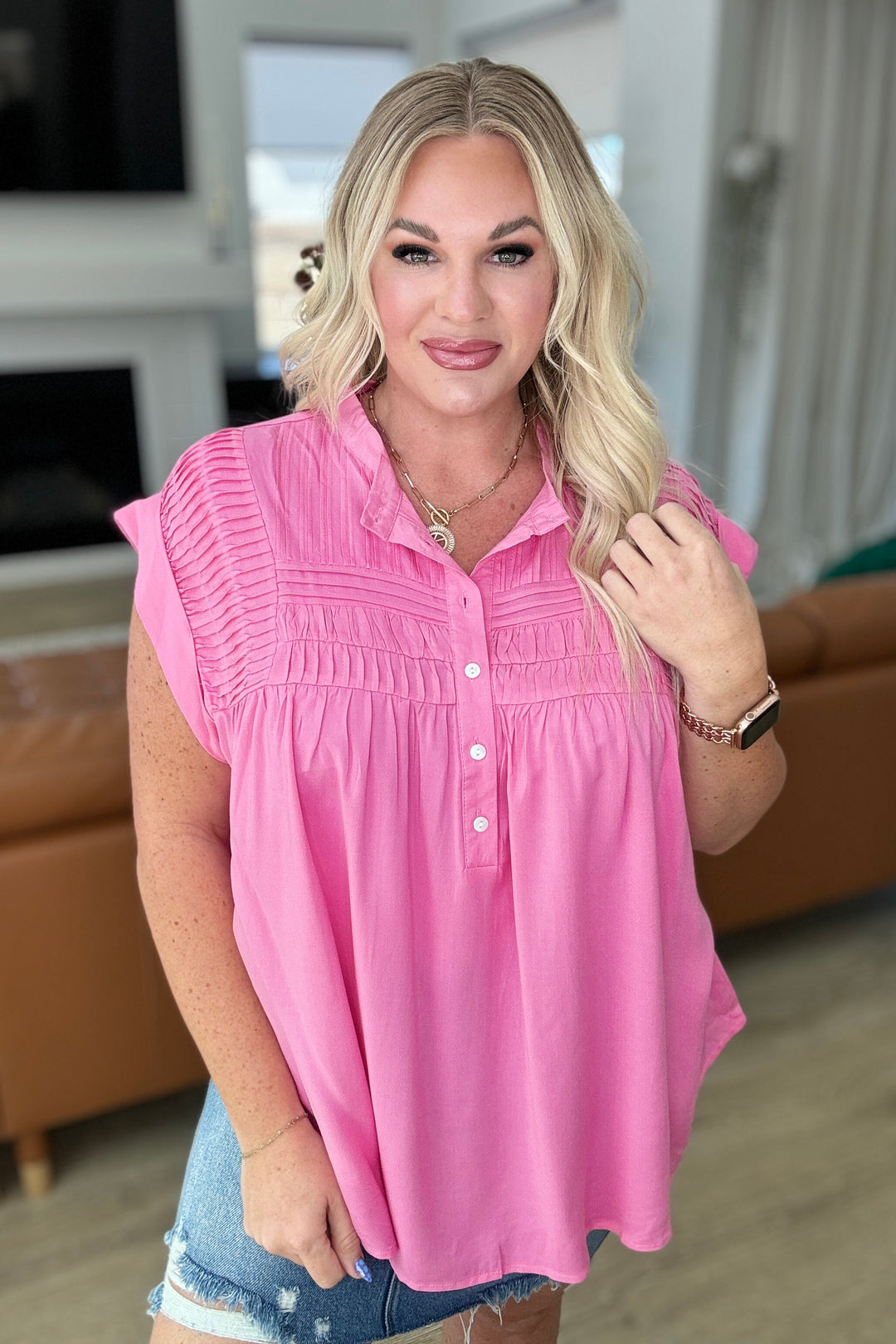 Pleat Detail Button Up Blouse in Pink Cosmos-Tops-Ave Shops-[option4]-[option5]-[option6]-[option7]-[option8]-Shop-Boutique-Clothing-for-Women-Online
