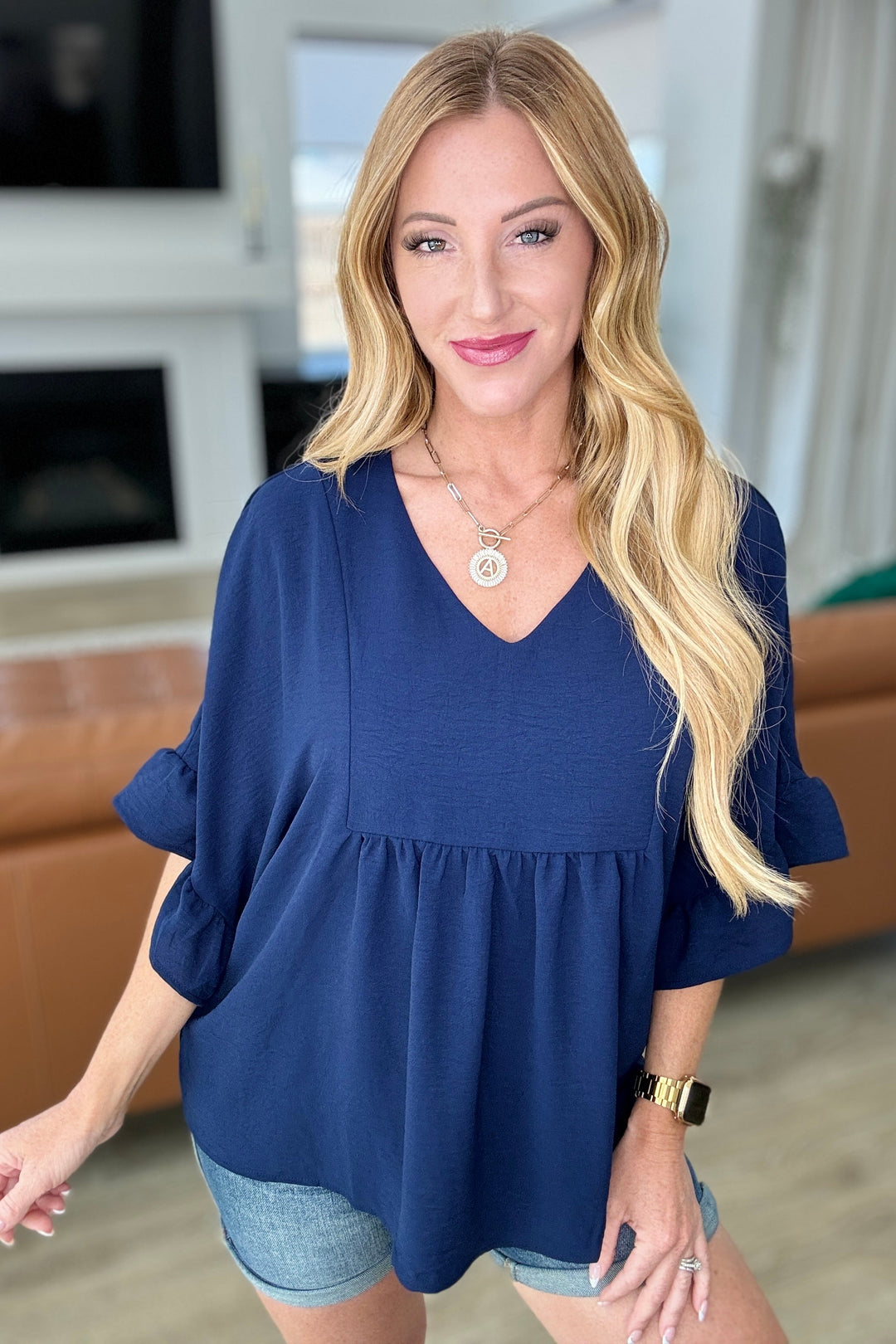 Airflow Peplum Ruffle Sleeve Top in Navy-Tops-The Bee Chic Boutique-[option4]-[option5]-[option6]-[option7]-[option8]-Shop-Boutique-Clothing-for-Women-Online