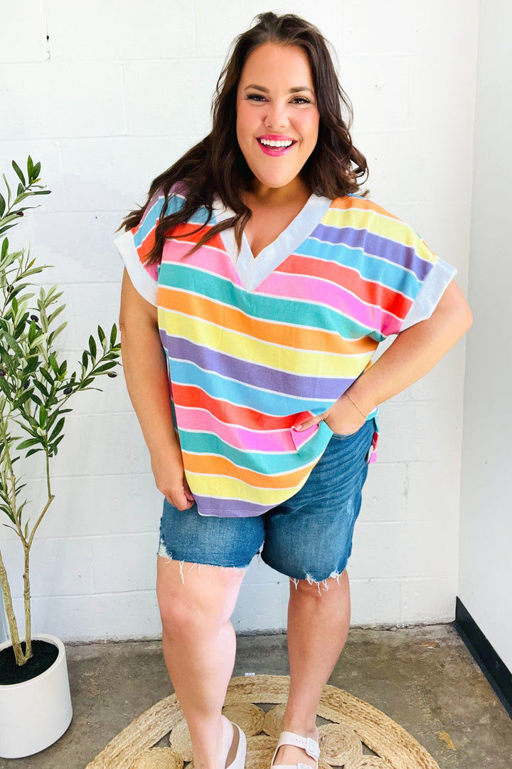 Sieze The Day Rainbow Striped V Neck Drop Shoulder Thermal Knit Top-Haptics-[option4]-[option5]-[option6]-[option7]-[option8]-Shop-Boutique-Clothing-for-Women-Online