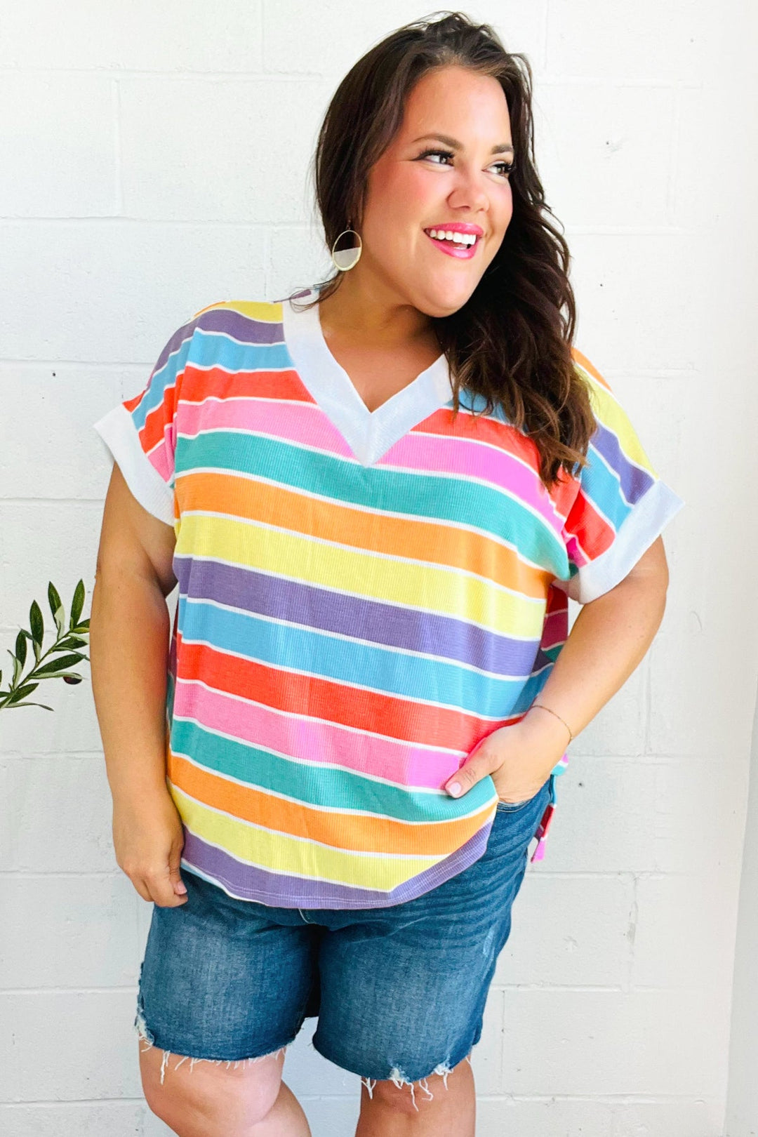 Sieze The Day Rainbow Striped V Neck Drop Shoulder Thermal Knit Top-Haptics-[option4]-[option5]-[option6]-[option7]-[option8]-Shop-Boutique-Clothing-for-Women-Online